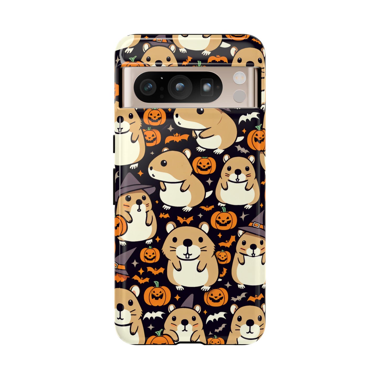 The Halloween Cute Hamster Phone Case, designed for iPhones 12 to 15, Samsung Galaxy, and Pixel devices, showcases a charming design with cartoon hamsters, jack-o'-lanterns, bats, and witch hats. It's an ideal kawaii hamster gift for any fan of these adorable rodents.