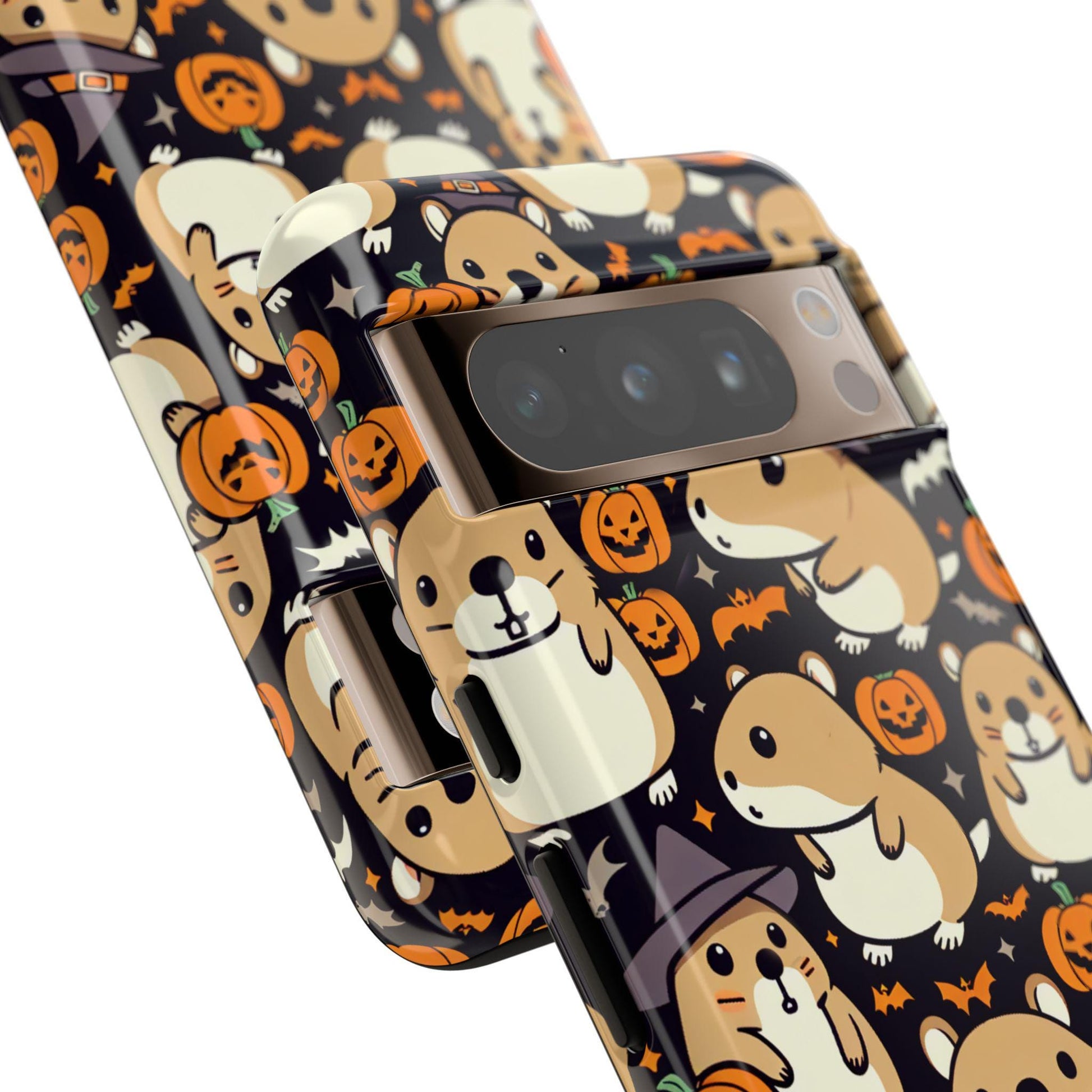 The Halloween Cute Hamster Phone Case features adorable kawaii hamsters, making it the perfect gift for hamster lovers. This festive accessory adds a charming Halloween touch to any smartphone, including iPhone 15, 14, 13, 12, Samsung Galaxy, and Pixel models.