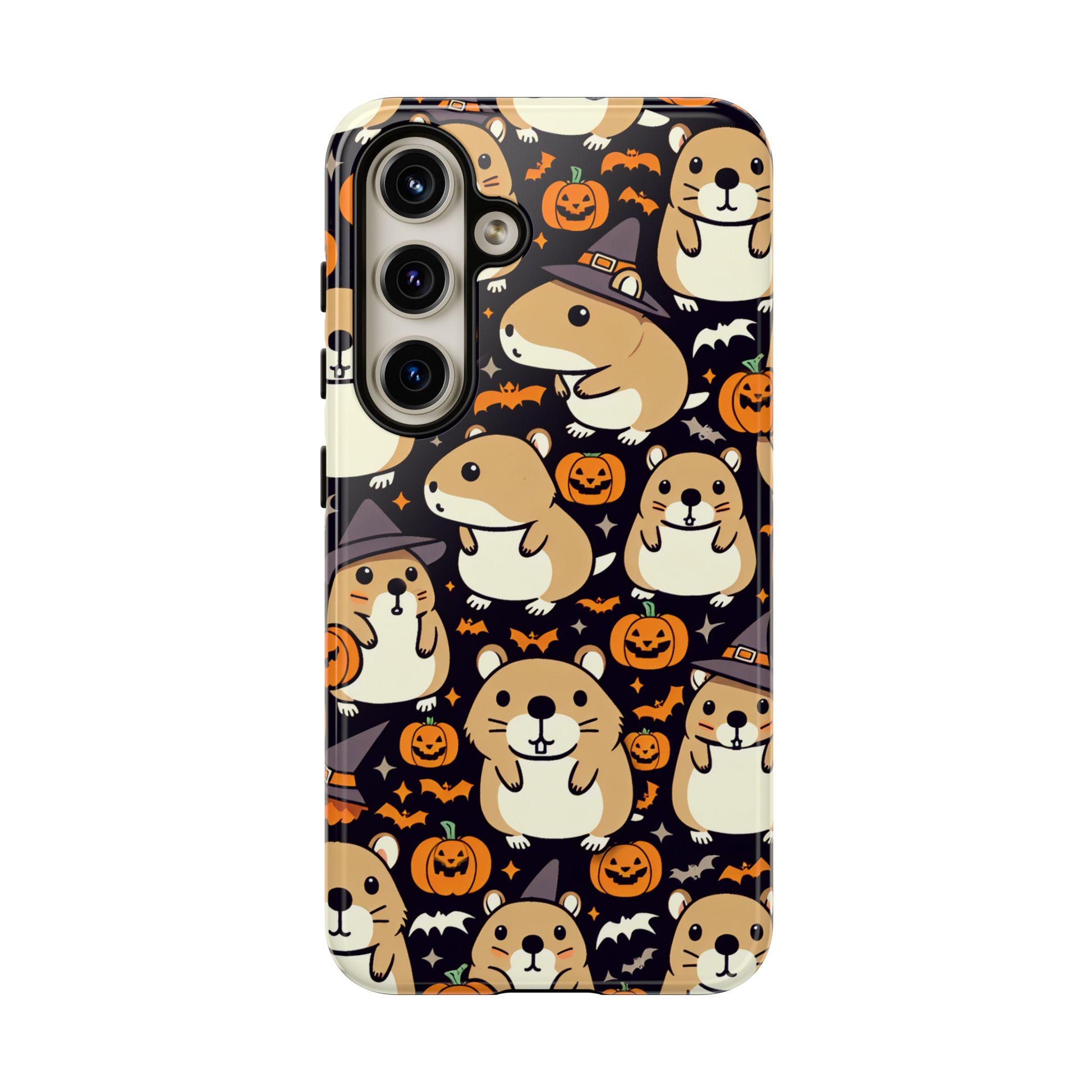 Charming phone case with kawaii hamsters in hats amid pumpkins, bats, and Halloween icons on a black background—ideal for the Halloween season and a delightful gift for hamster enthusiasts. Available as the "Halloween Cute Hamster Phone Case, Kawaii Hamster Gift For Hamster Lover" for iPhone 15, 14, 13, 12 and Samsung Galaxy Pixel.