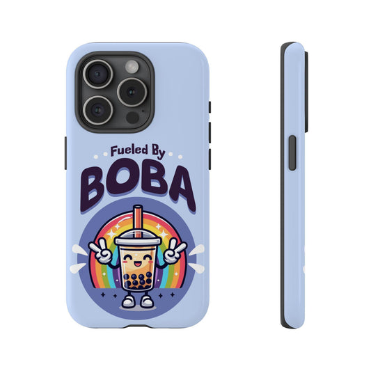 Front view and side view of a iphone Golden Value SG&#39;s cute boba phone case features a light blue design with cartoon boba tea and the phrase &quot;Fueled by Boba&quot; above a rainbow.