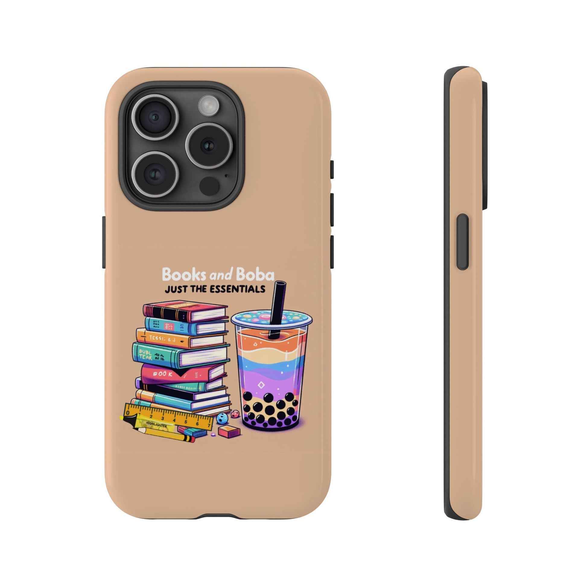 Front view and side view of a fawn color iphone with “Kawaii Boba Phone Case” from Golden Value SG, featuring a boba tea cup, a pile of books and some stationery. The text on top reads Books and Boba Just The Essentials.