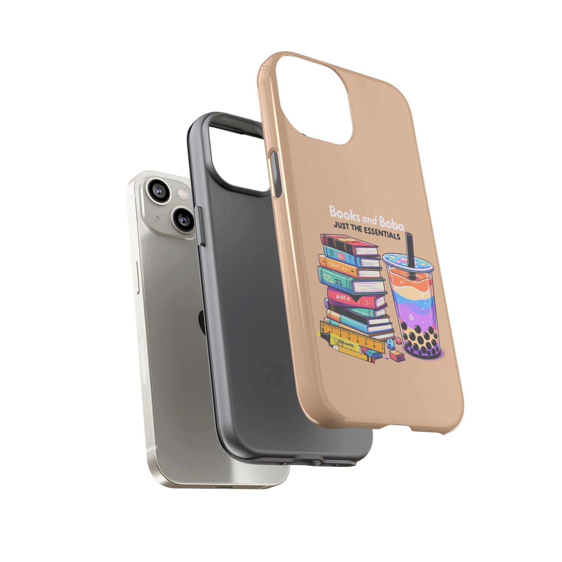 Three iPhone cases appear: the first is blank, the second is gray, and the third is a kawaii boba phone case with books and bubble tea, labeled "Books and Boba: Just the Essentials.