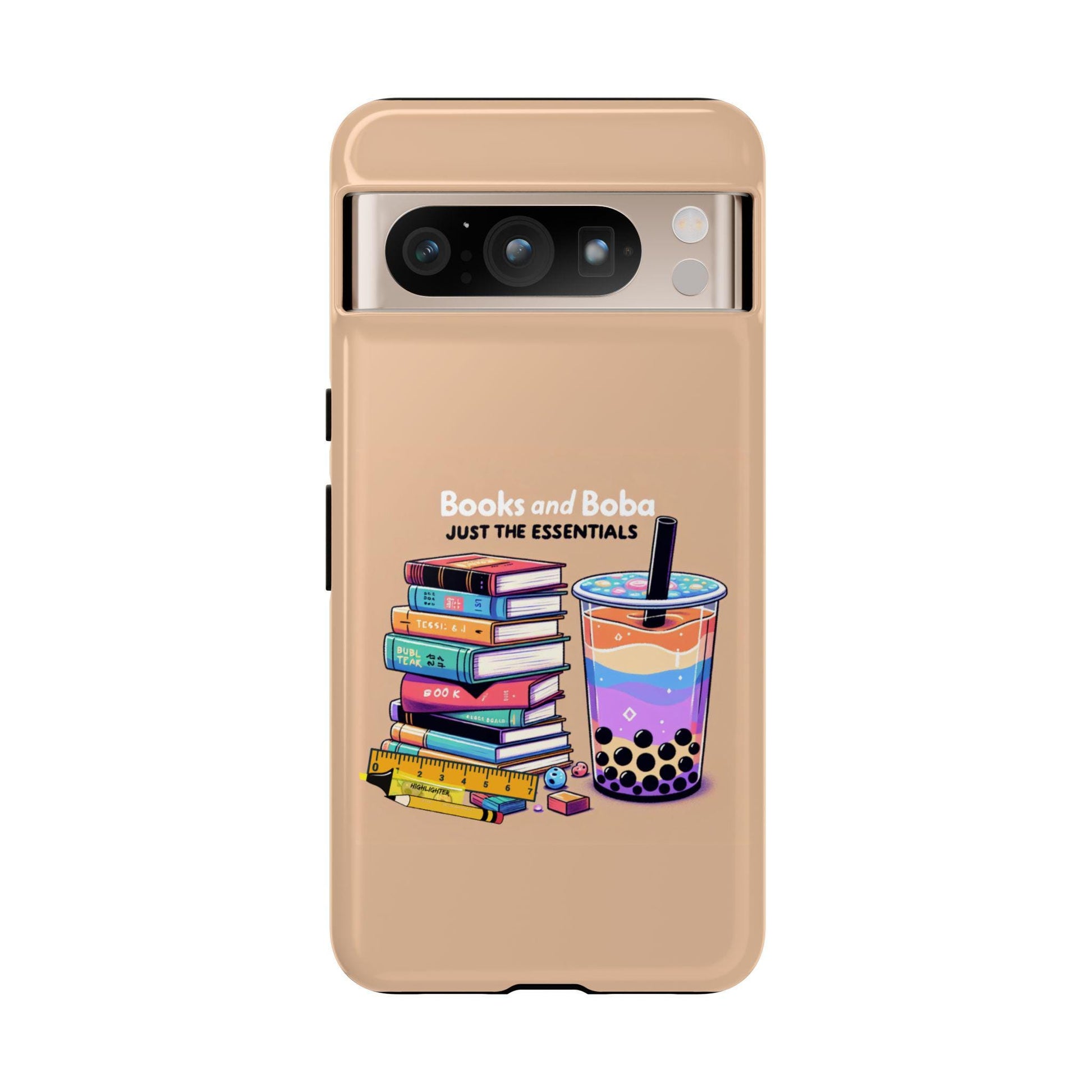 This Kawaii Boba Phone Case features a stack of books, a bubble tea drink, and the text "Books and Boba: Just the Essentials" on a beige background. Ideal for boba enthusiasts, it's available for iPhone 16 Pro Max down to 13, Samsung Galaxy, and Pixel. Perfect gift for Book & Boba Lovers!.