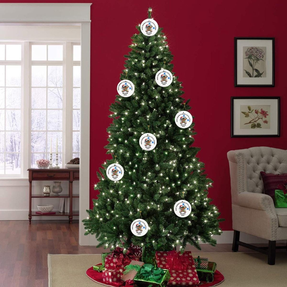 A Christmas tree adorned with white lights and gym-themed decorations, including the "Merry Liftmas Weightlifting Ceramic Ornament"—perfect for bodybuilders, weight lifters, swole mates, and gym lovers—stands beside wrapped gifts in a red-walled room with a window and framed artwork.