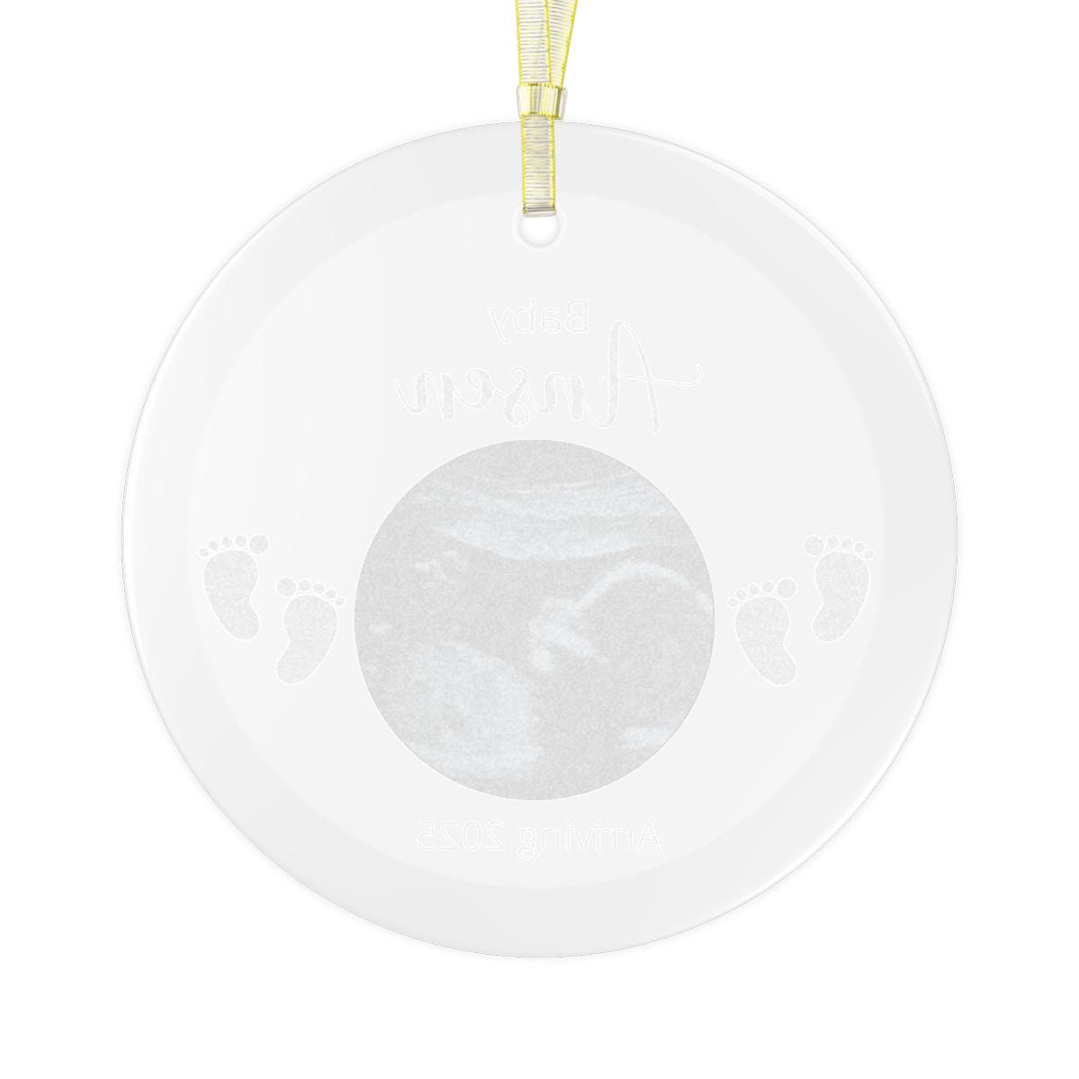 Custom Ultrasound Photo GLASS Ornament showcasing a baby sonogram in the center, embellished with delicate footprint designs and embossed with "Baby's First Christmas" and "Winter 2023." An ideal pregnancy announcement keepsake to celebrate your little one's debut holiday season.