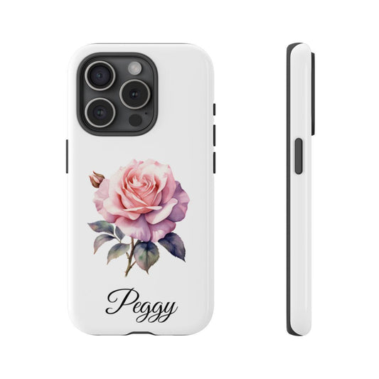 Personalized Birth Month Flower Phone Case by Golden Value SG features a clean white design with a pink rose graphic and the name &quot;Peggy&quot; written below. Includes side and front views.