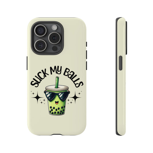 Front view and side view of a funny and cheeky beige iPhone case named &quot;Cute boba phone case&quot; from Golden Value SG, featuring an illustration of a boba tea cup wearing sunglasses alongside the text &quot;Suck My Balls”.