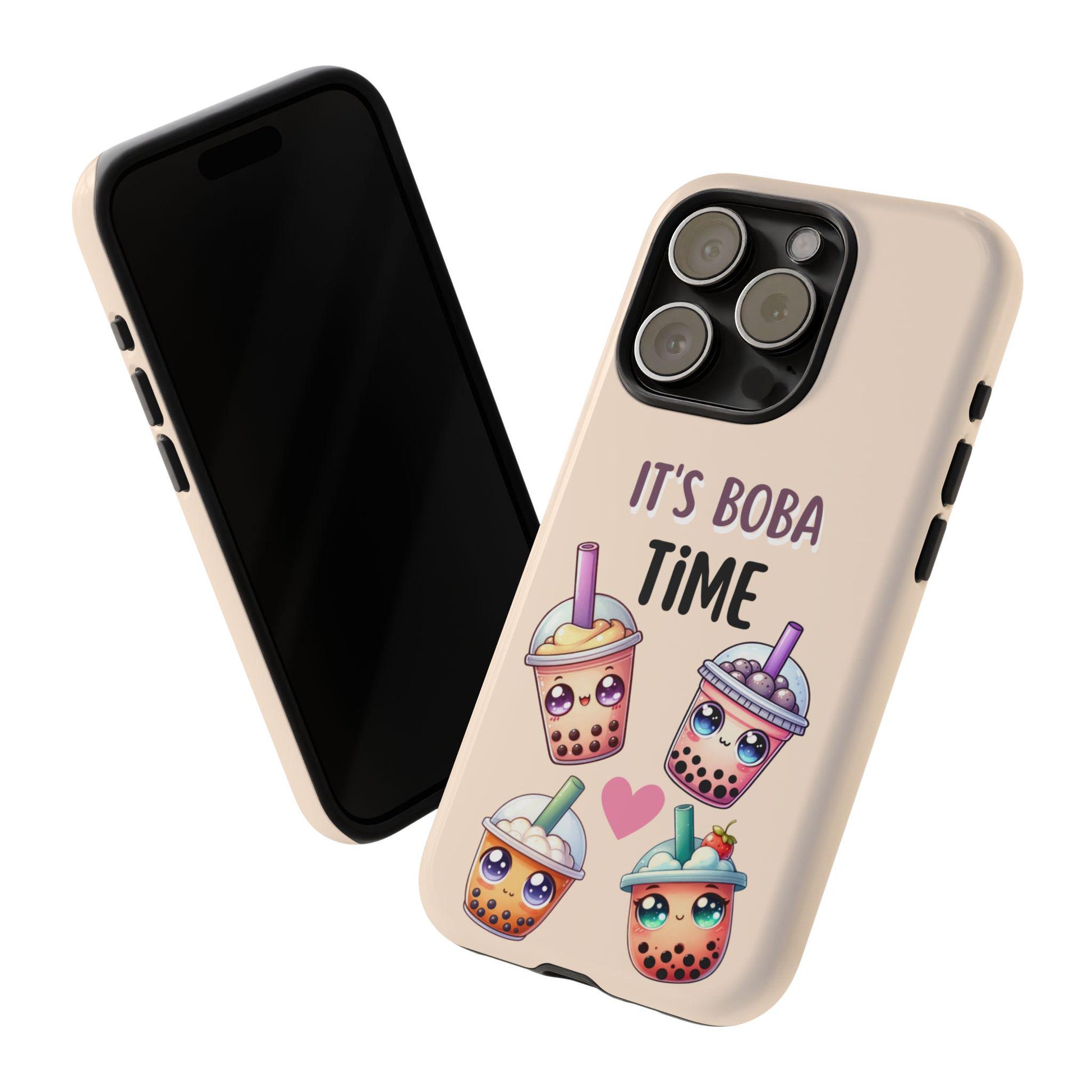 The Kawaii Boba Phone Case is a cute bubble tea cover for iPhone 16 Pro Max, 15, 14, 13, Samsung Galaxy and Pixel phones. Featuring four adorable boba cups and "It's Boba Time" text, it's a perfect birthday or Xmas gift for boba lovers!.