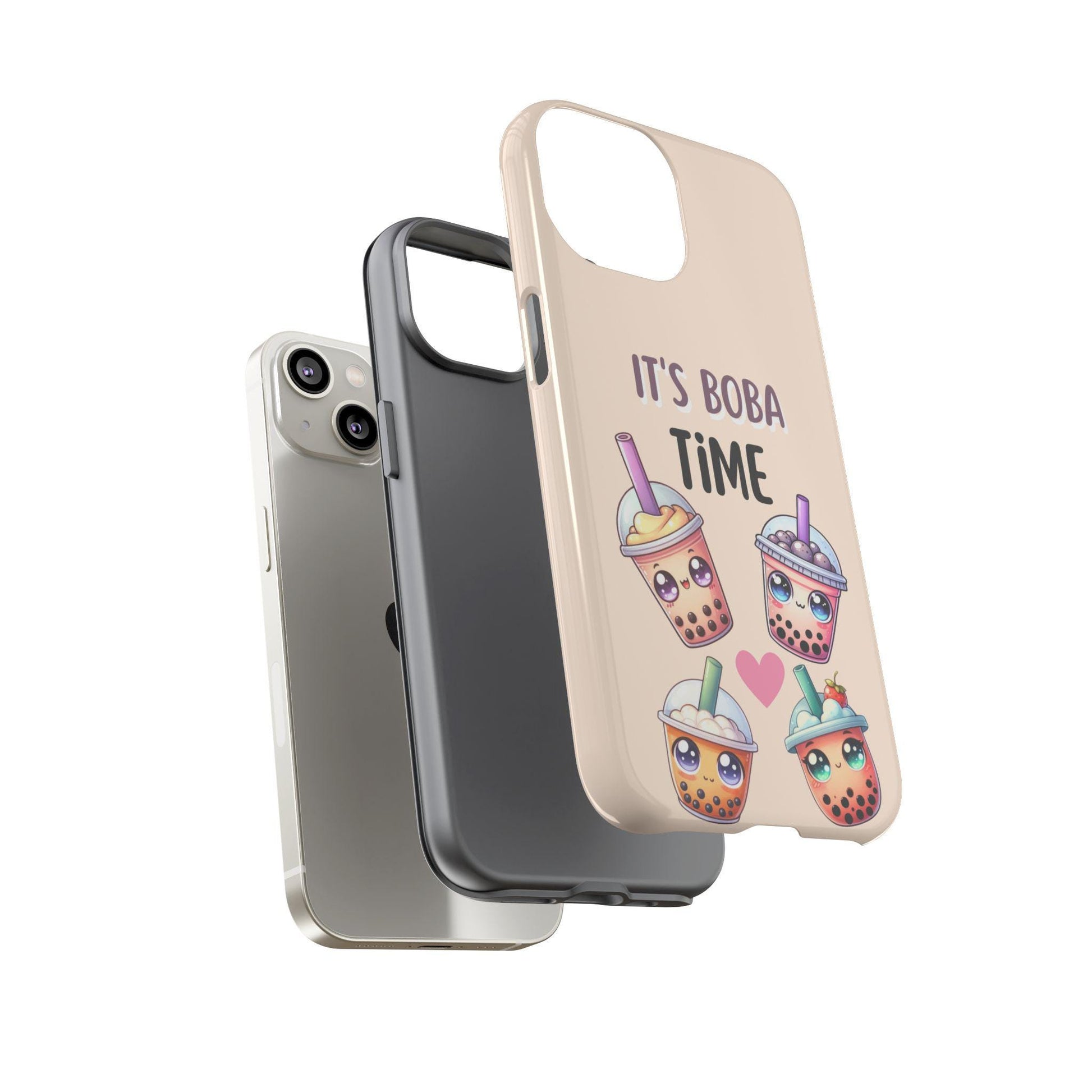 Three iPhone cases are displayed, including the "Kawaii Boba Phone Case." Ideal for boba lovers, this playful design of cute bubble tea covers various iPhone models like the 16 Pro Max, making it a delightful gift choice for birthdays or Xmas.