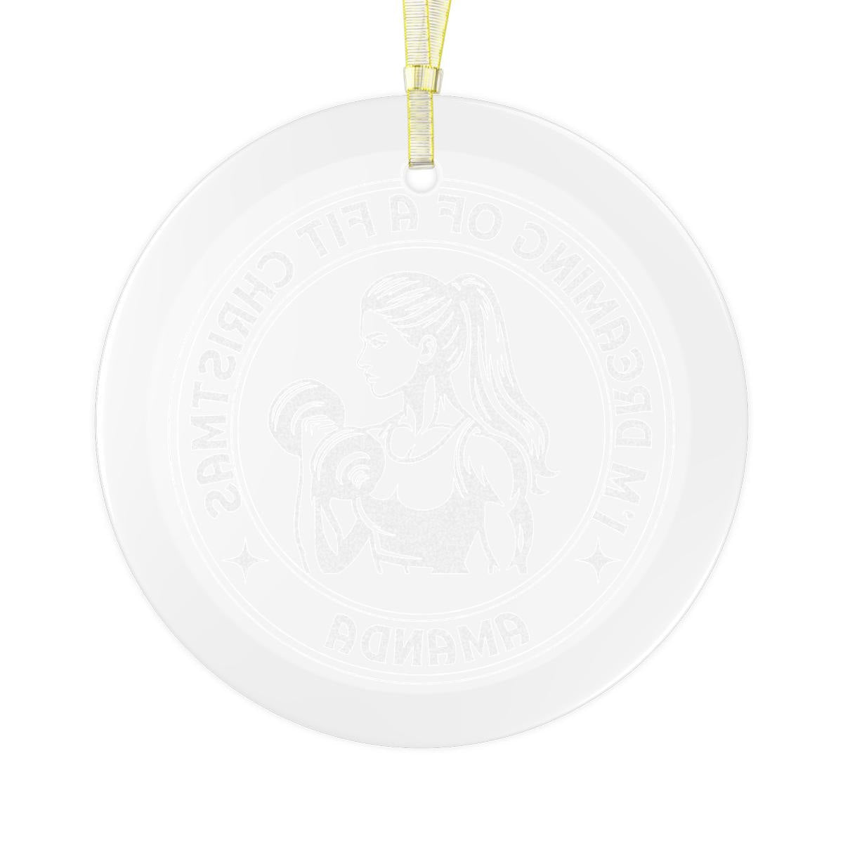 White circular ornament titled "Personalized Weightlifting GLASS Ornament" embossed with an image of a female lifter. A ribbon is attached at the top, making it a perfect custom name gift for gym-loving women and female weightlifters during Christmas.