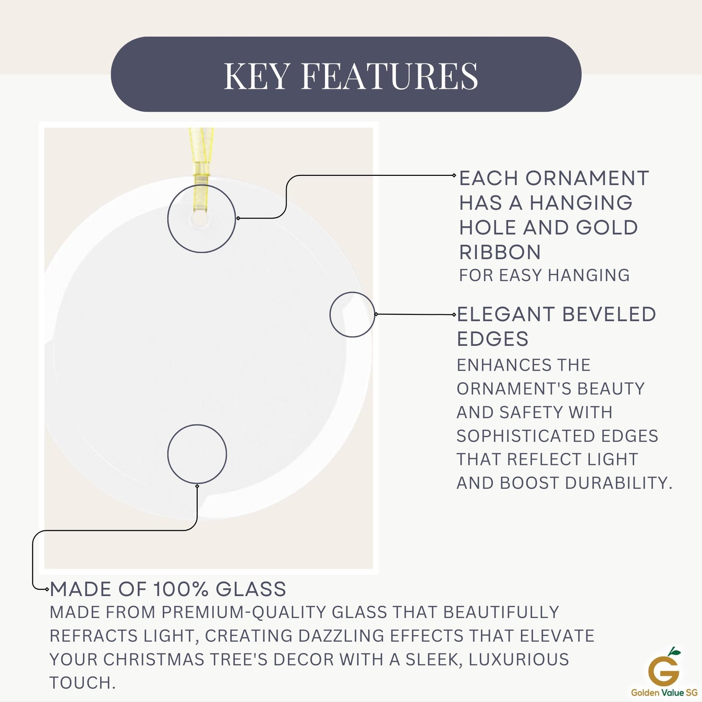 Diagram showcasing the Personalized Weightlifting GLASS Ornament, featuring a hanging hole, gold ribbon, and elegant beveled edges. Crafted entirely from glass to highlight quality and safety, it serves as an ideal Girl Power Christmas Gift for Female Lifters or Gym Lovers.