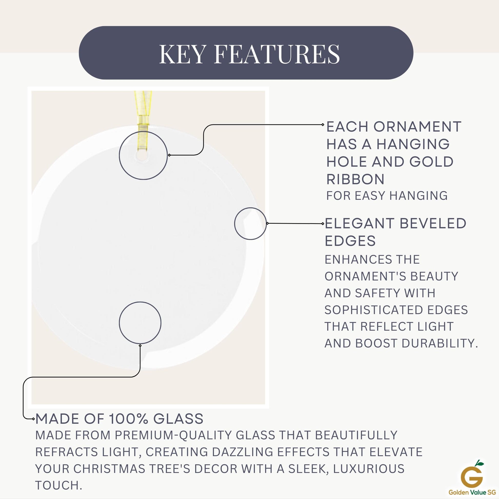 Diagram showcasing the Personalized Weightlifting GLASS Ornament, featuring a hanging hole, gold ribbon, and elegant beveled edges. Crafted entirely from glass to highlight quality and safety, it serves as an ideal Girl Power Christmas Gift for Female Lifters or Gym Lovers.