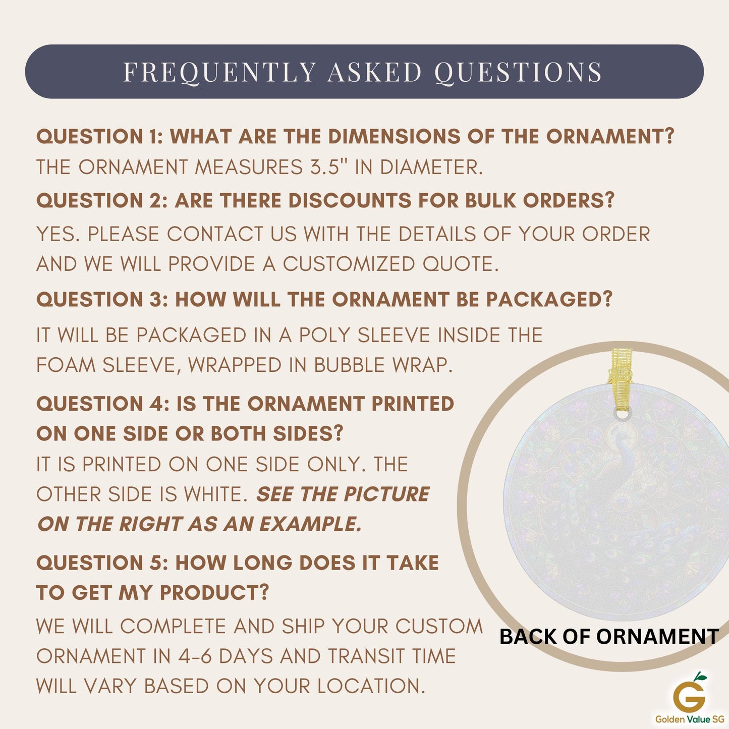 Discover our Frequently Asked Questions concerning the Custom Ultrasound Photo GLASS Ornament. Here, you'll find information about bulk orders, packaging, printing details, and shipping timelines. This ornament is ideal for capturing special moments such as a custom ultrasound photo or as a memorable pregnancy announcement gift for new parents during the holiday season.