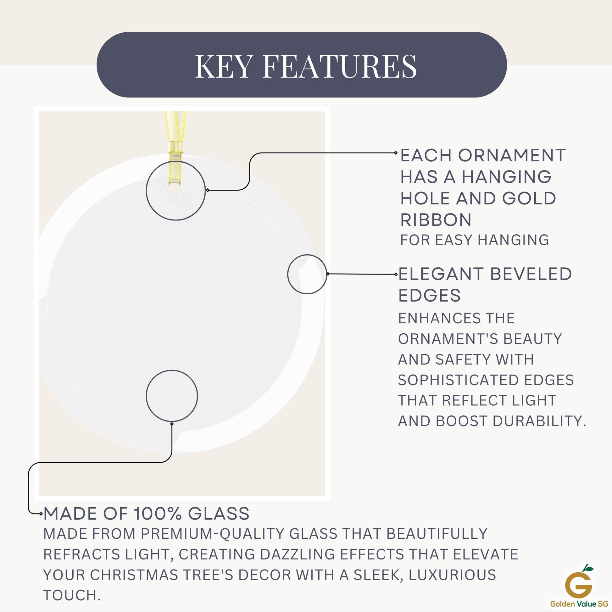 Diagram of the Custom Ultrasound Photo Glass Ornament highlighting its key features: hanging hole and ribbon, elegant beveled edges, and premium-quality glass construction. Perfect for a unique pregnancy announcement ornament that beautifully showcases your custom ultrasound photo.