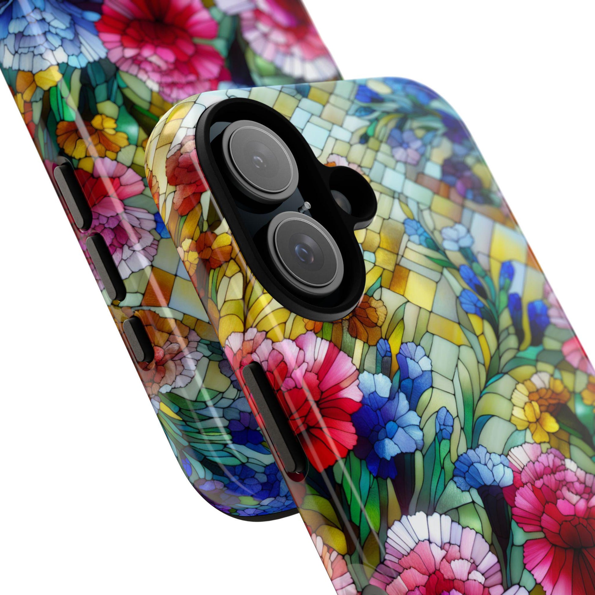Two Carnation Phone Cases, January Birth Flower themed with faux stained glass floral designs in vibrant red, pink, and blue—ideal as a Birthday Gift for iPhone and Samsung users.