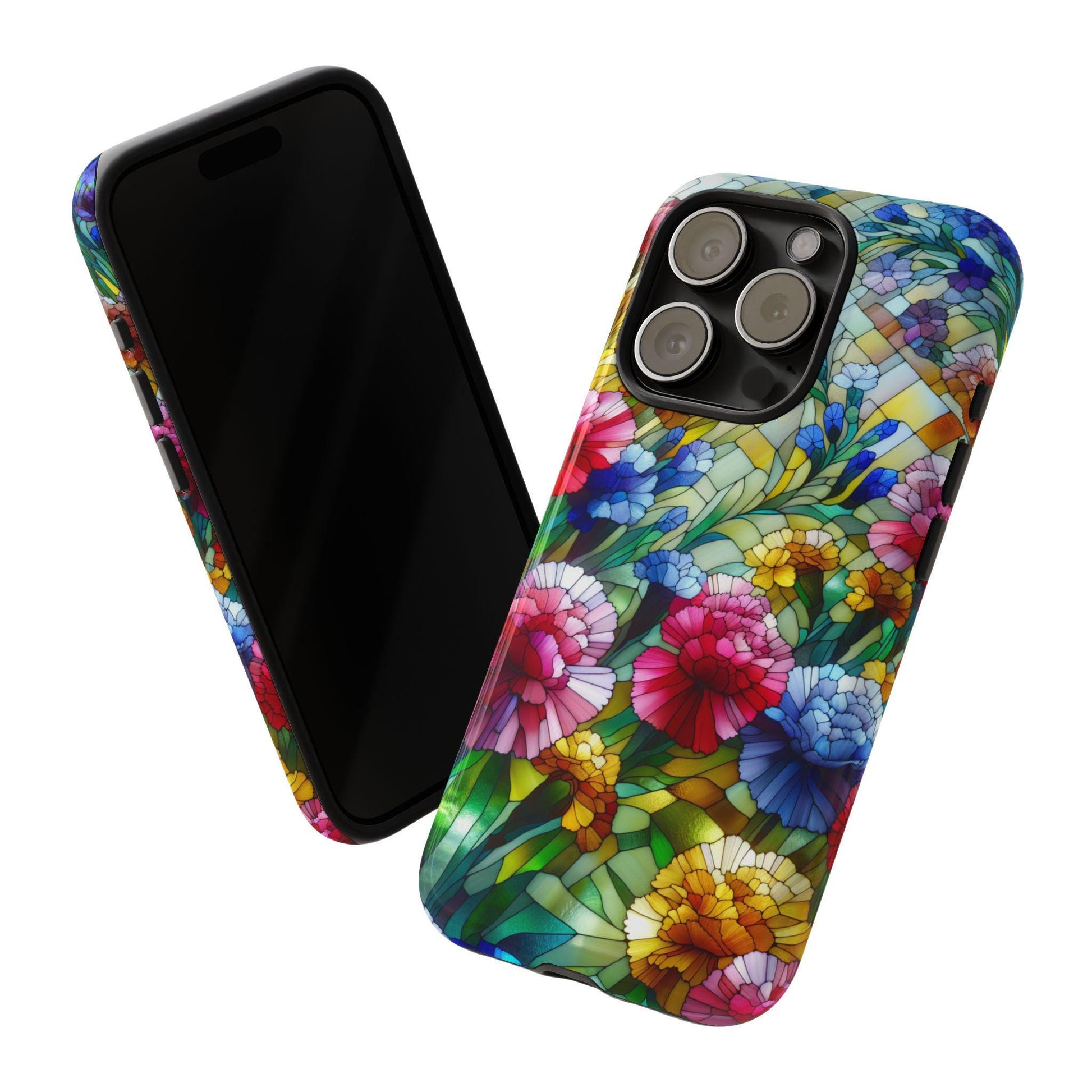 Two smartphones in floral-patterned cases showcase the faux stained glass look of the January Birth Flower Carnation Phone Case, highlighting its delicate aesthetic on both screen and camera sides.