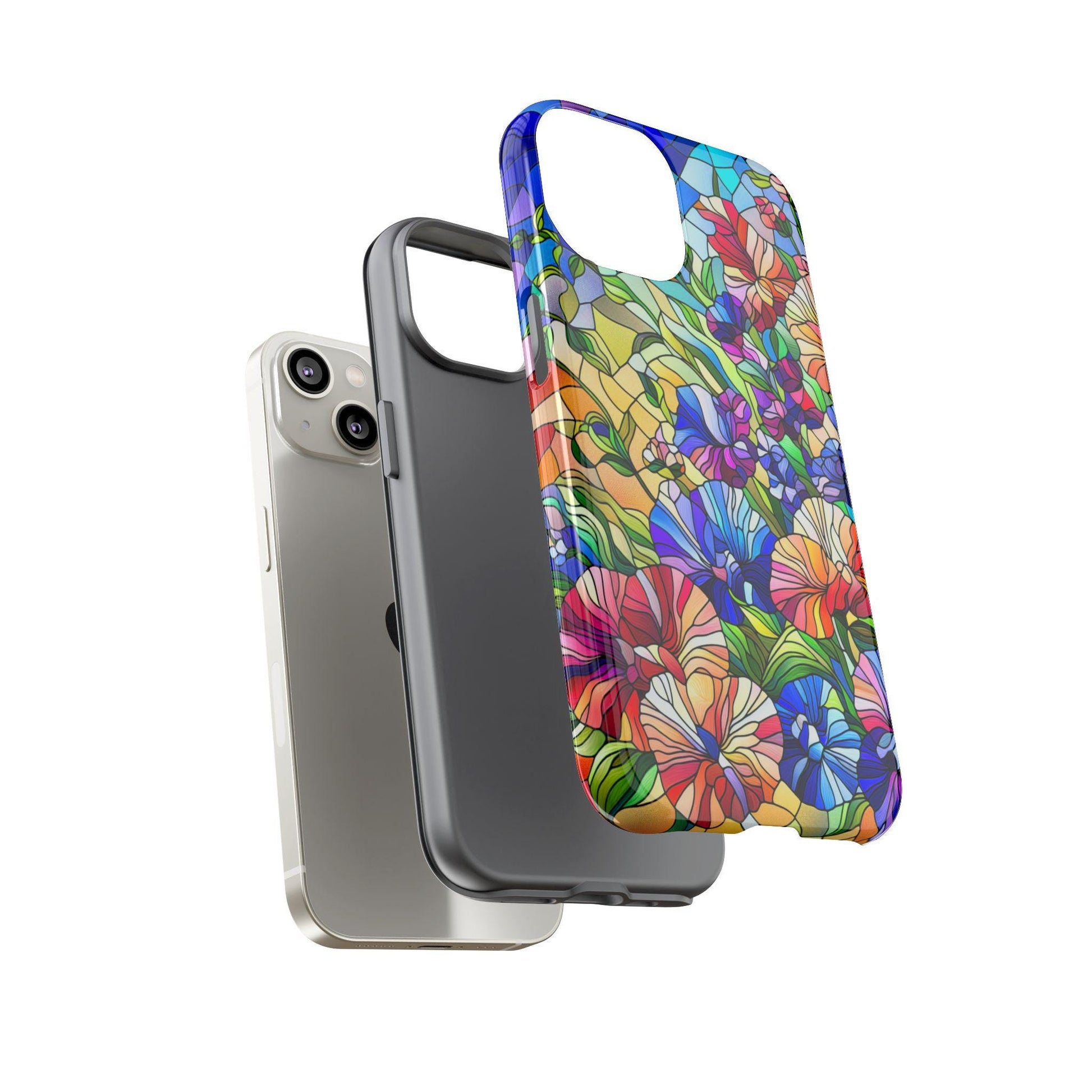 Displayed are two phone cases: a floral design inspired by the April birth flower Sweet Pea with a faux stained glass effect, and one in solid gray, beside a silver smartphone.