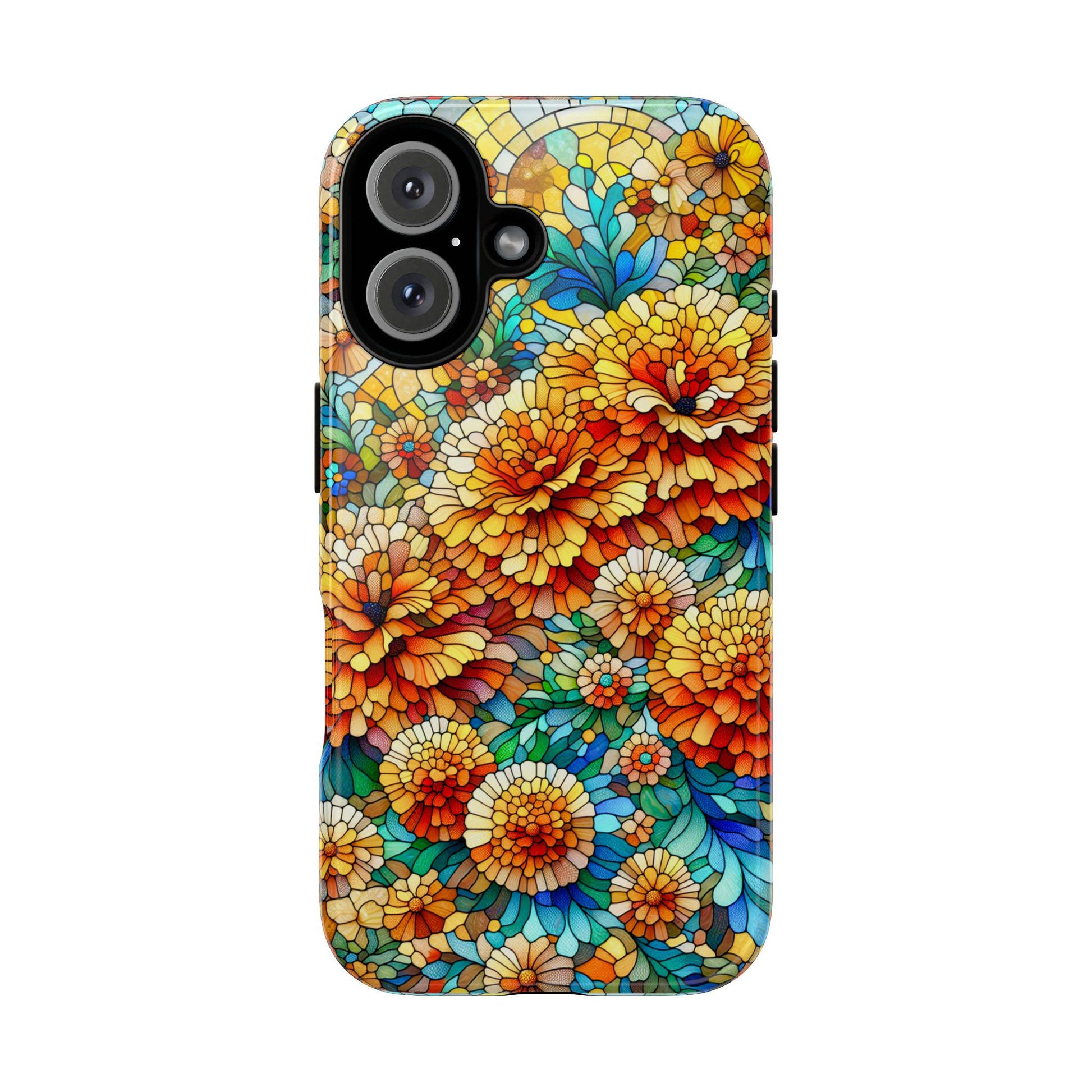 A Golden Value SG smartphone case, known as the October Birth Flower Marigold Phone Cover, features a vibrant floral pattern with orange and yellow Marigold flowers complemented by green and blue leaves.