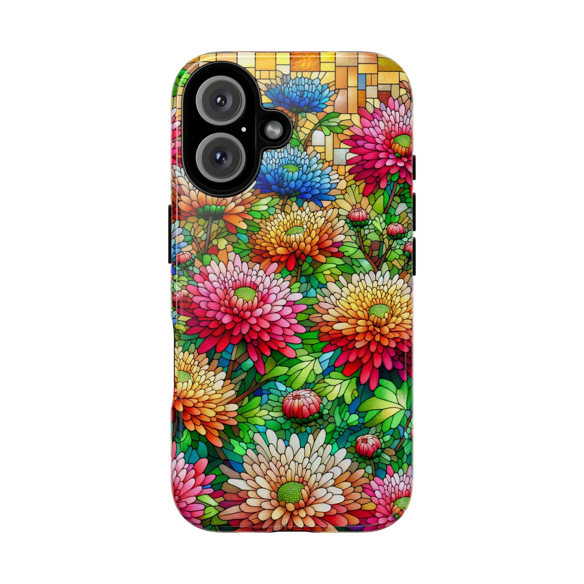 November Birth Flower Chrysanthemum Phone Case by Golden Value SG, featuring a vibrant stained glass design with colorful Chrysanthemum flowers and green leaves.