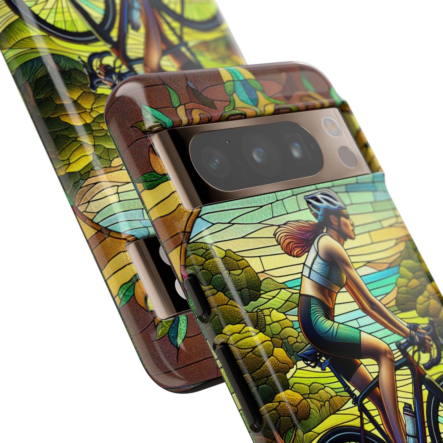 The Female Cyclist Cycling Phone Case boasts a faux stained glass design with a woman on a bicycle, perfect for bike lovers. Compatible with iPhone 16-13 Pro, Samsung, and Pixel, it adds vibrant artistry to your accessory collection. Ideal birthday or Xmas gift for bicycle enthusiasts.