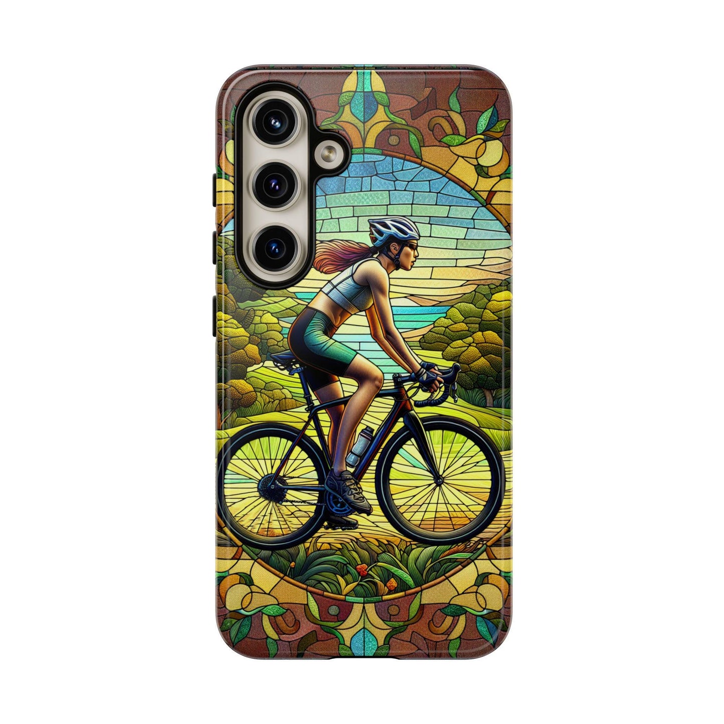 The Female Cyclist Cycling Phone Case features a woman biking through a stylized landscape of trees and sky with a stained glass effect—ideal for the bike lover in your life. Compatible with iPhone 16-13 Pro, Samsung, and Pixel. Perfect for birthdays or Christmas gifts.