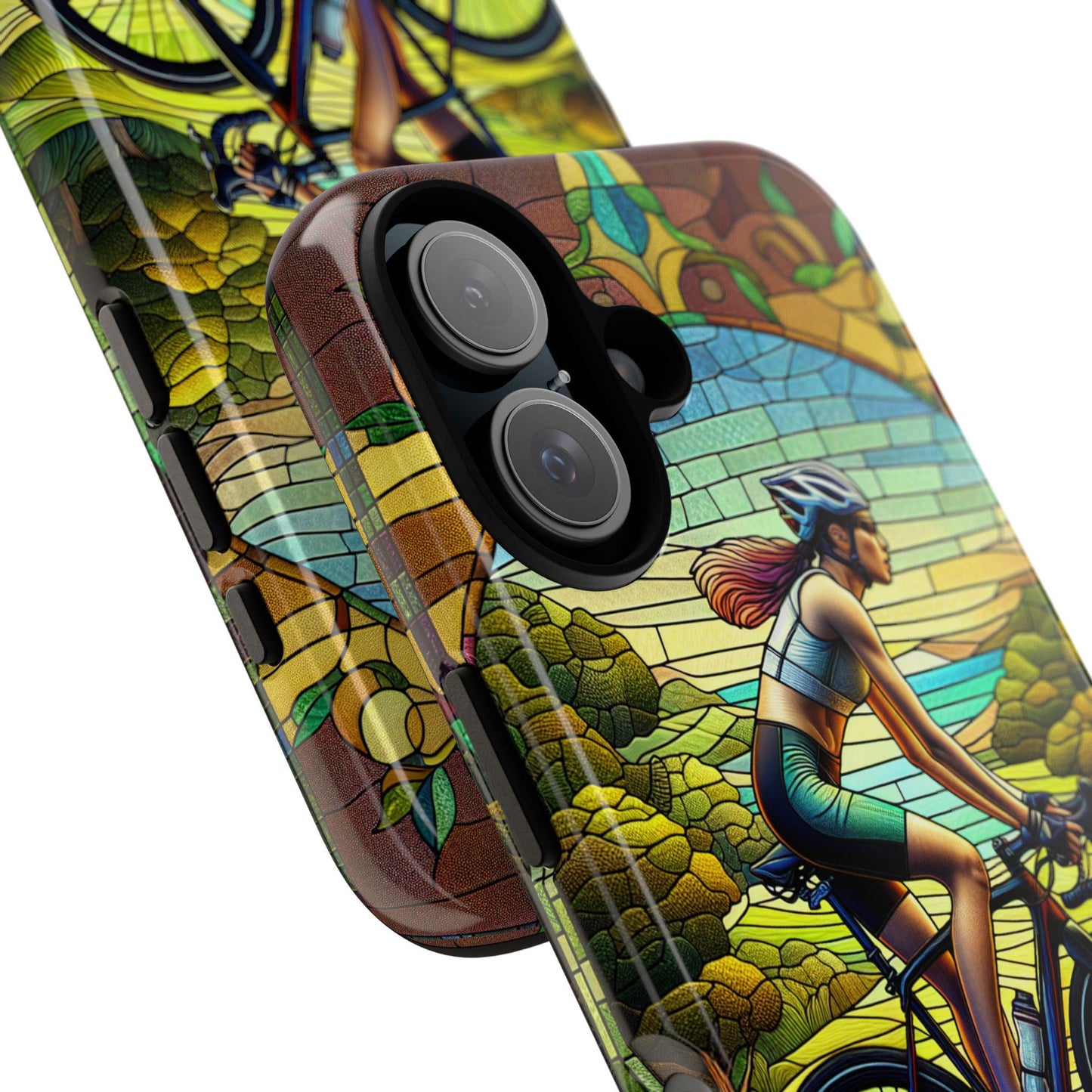 Close-up of a vibrant Cycling Phone Case with a faux stained glass illustration of a woman cycling amid lush green and yellow tones, making it the perfect bike lover gift.