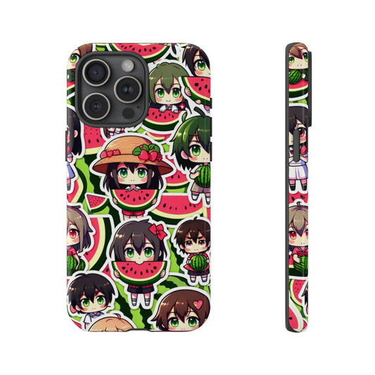Cute Watermelon Phone Case by Golden Value SG, featuring colorful anime-style characters and watermelon designs, displayed from the back and side views.
