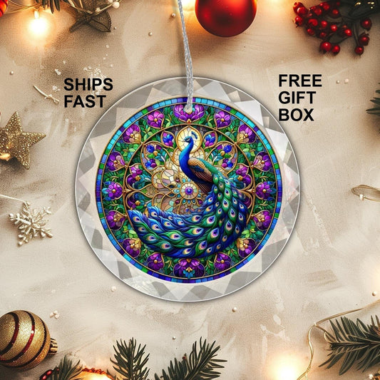 The Elegant Peacock Stained Glass Ornament: a circular Christmas decoration showcasing a stunning peacock design with vibrant blue and green feathers, beautifully set against a colorful floral stained-glass-style background.