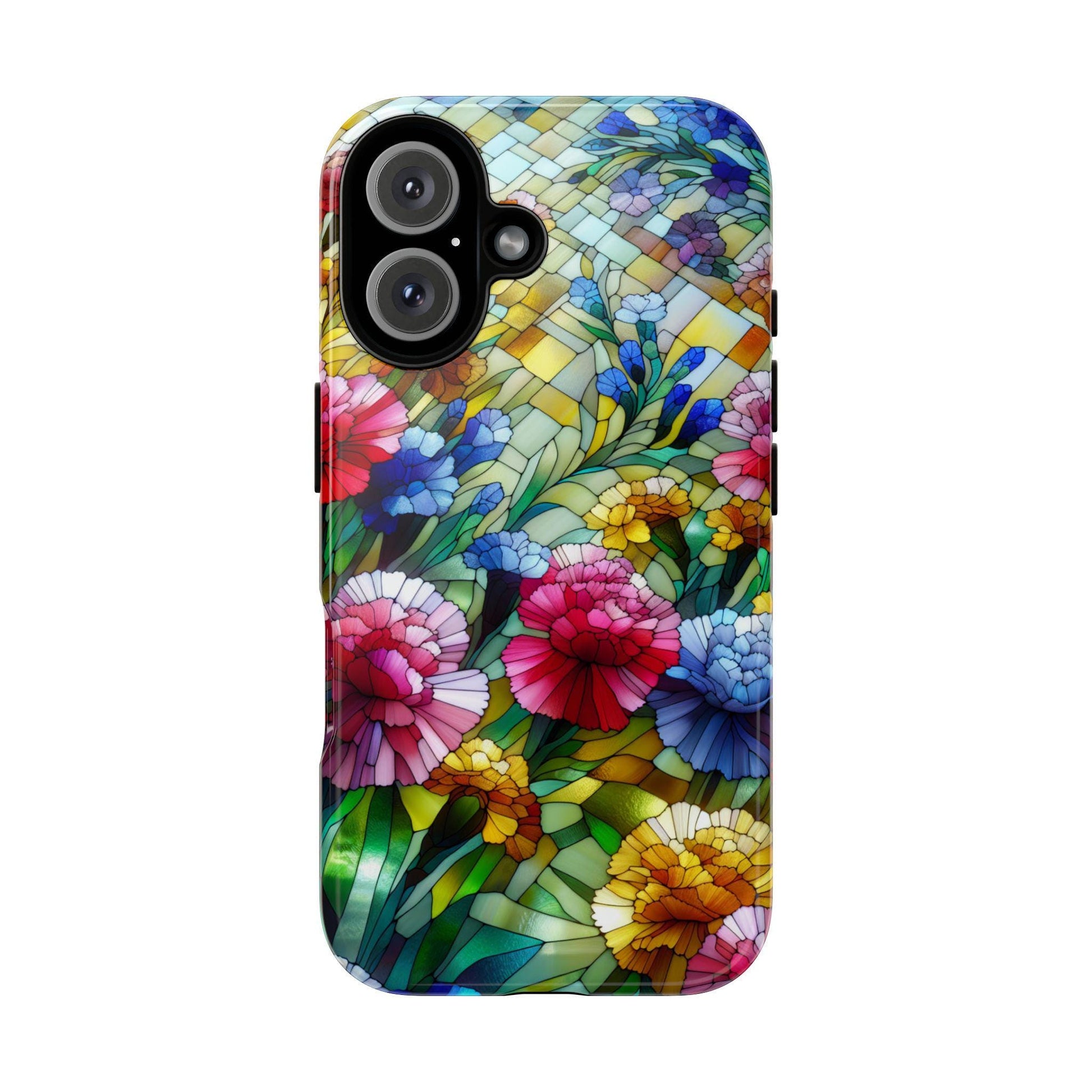 January Birth Flower Carnation Phone Case by Golden Value SG, featuring a stained glass design with vibrant flowers and leaves in an array of colors.