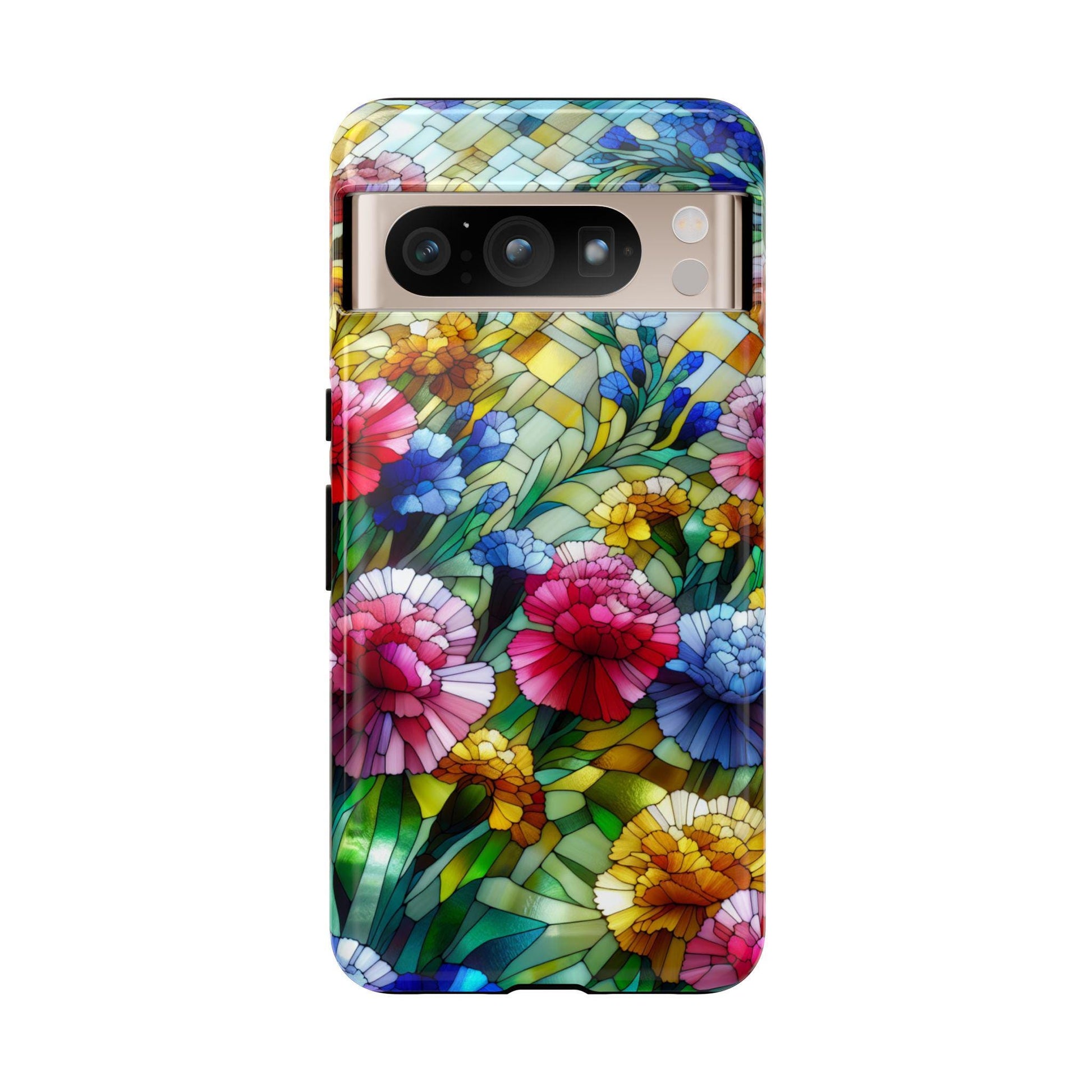 The January Birth Flower Carnation Phone Case features a colorful faux stained-glass floral pattern with carnations on a lush green background. It's an ideal floral phone case gift, compatible with iPhone 16, 15, 14, 13 Plus Pro Max, Samsung, and Pixel.