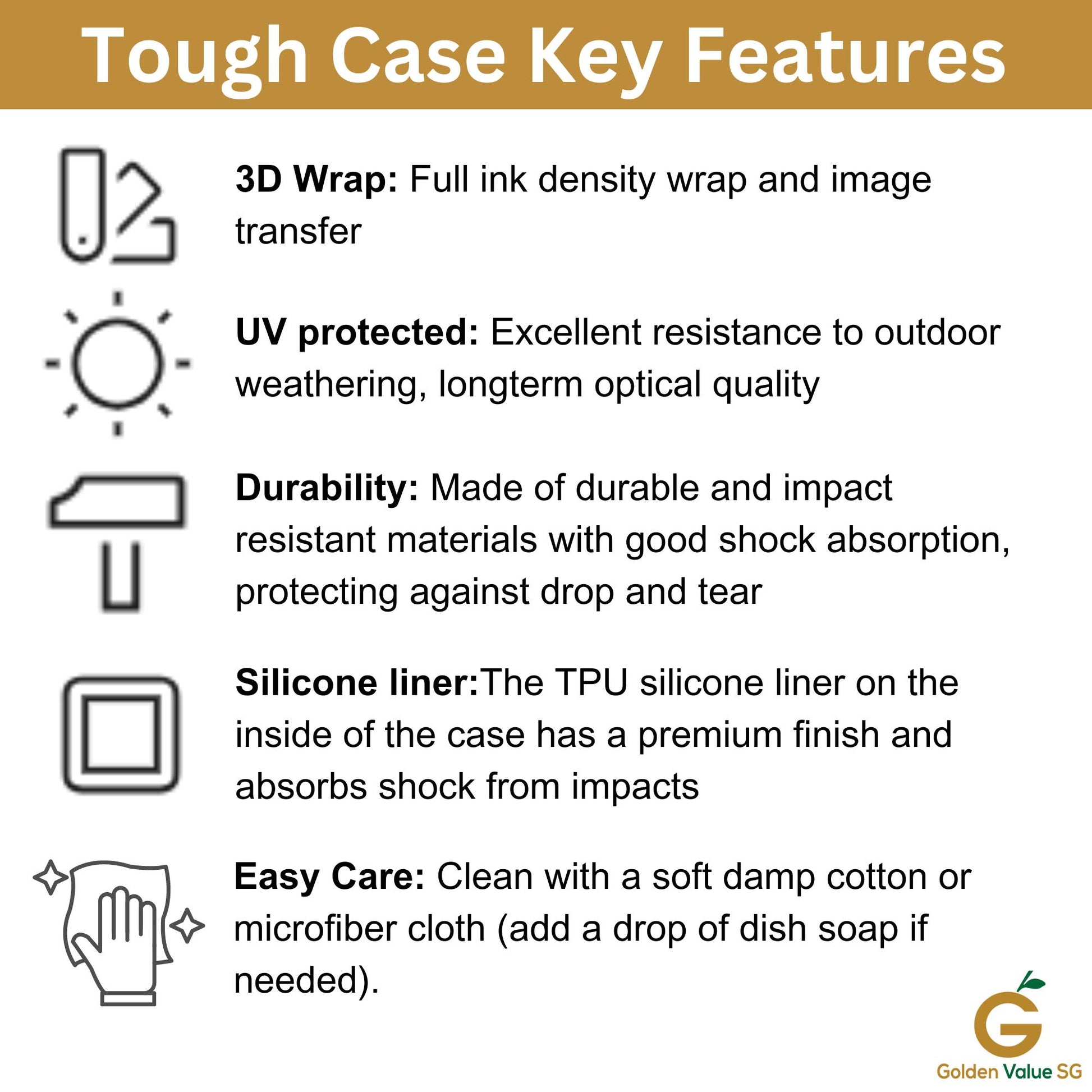 Infographic titled "Tough Case Key Features" with icons for 3D Wrap, UV protection, durability, silicone liner, and easy care. Ideal for Boba Lovers! Features Golden Value SG logo at the bottom right. Product: Kawaii Boba Phone Case – Perfect Bubble Tea Cover Gift for iPhone 16 Pro Max to 13 & Samsung Galaxy.