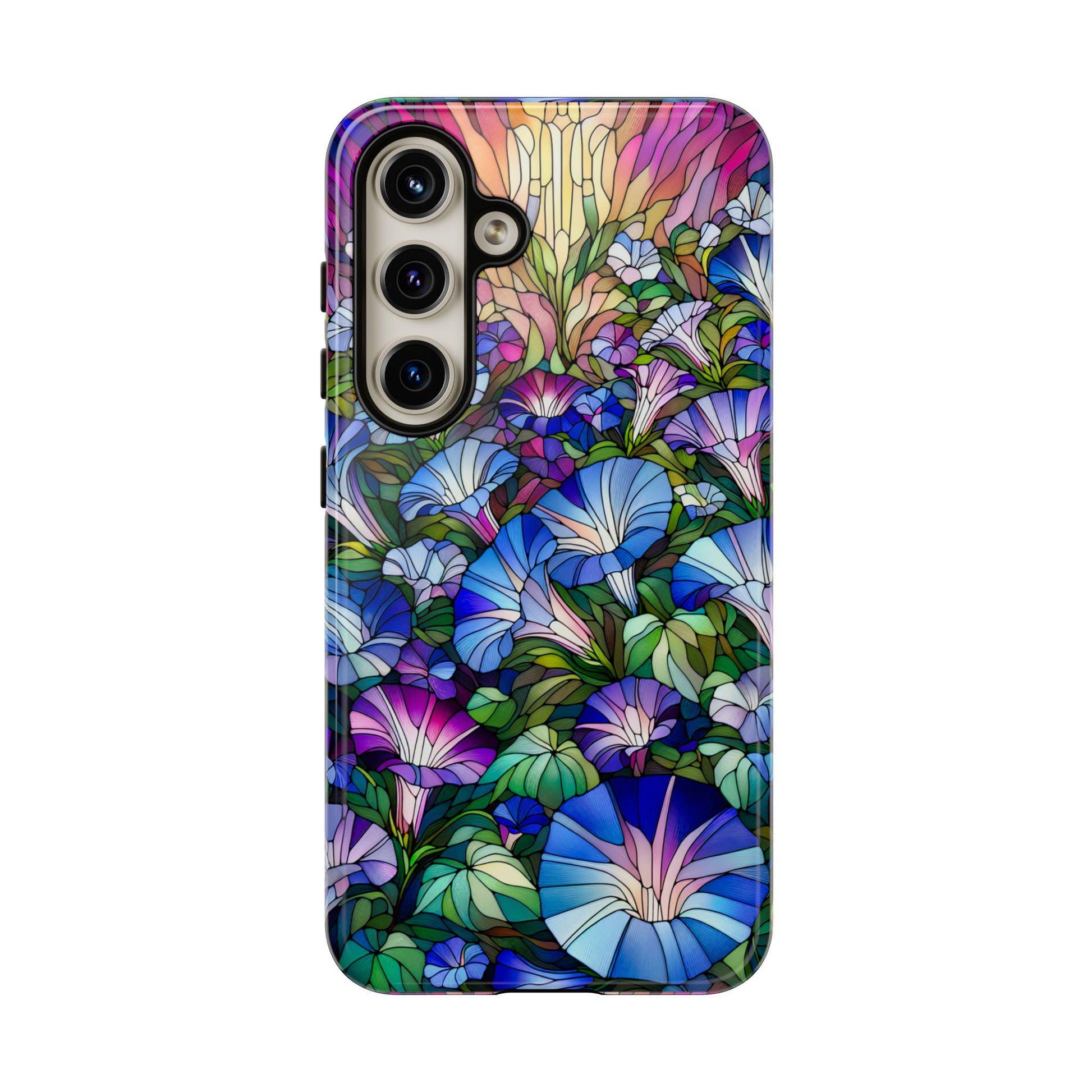This September Birth Flower Morning Glory phone cover features a faux stained glass design with vibrant blue and purple flowers, ideal as a birthday gift.