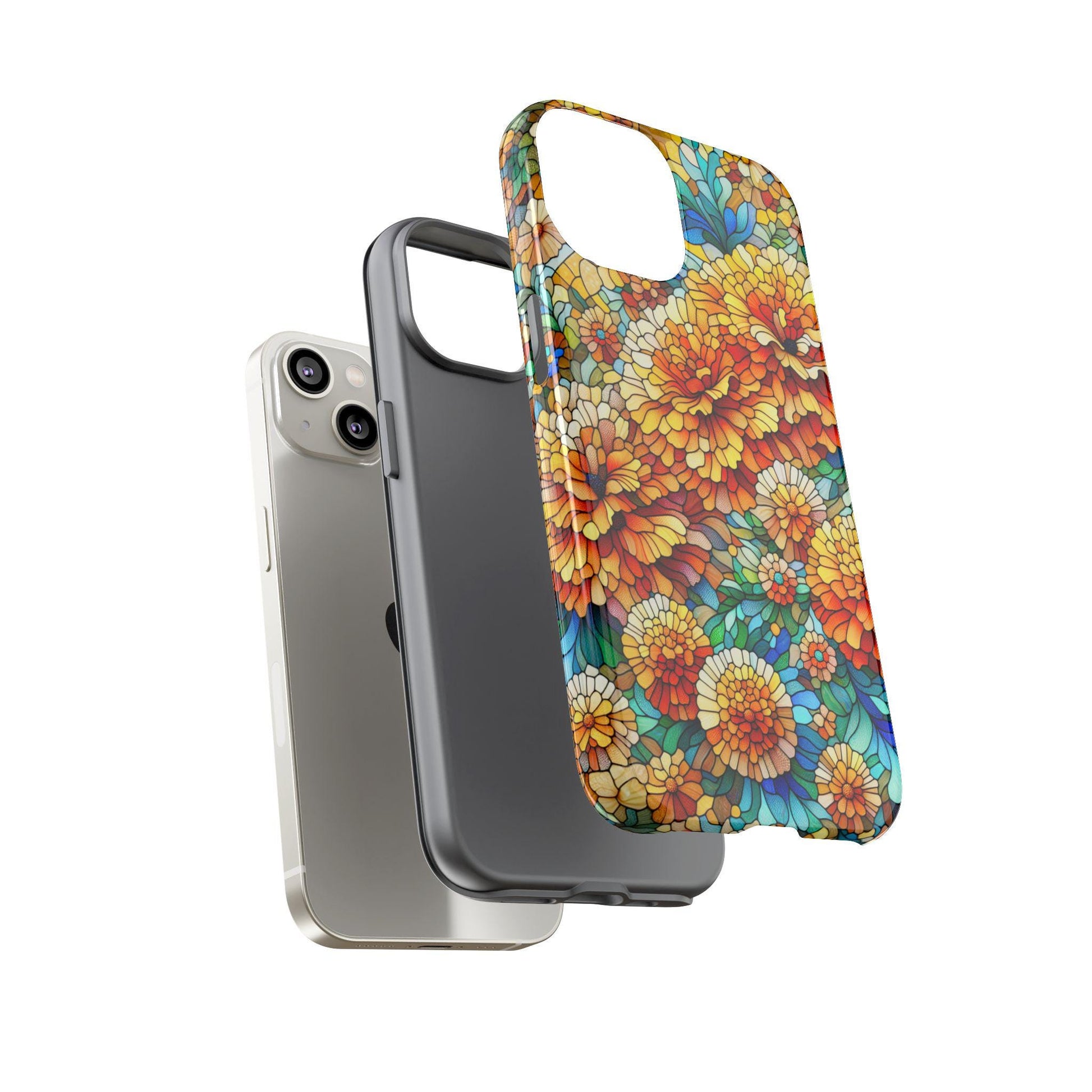A smartphone, featuring two cases—one in plain black and the other a vibrant marigold pattern dubbed "October Birth Flower Marigold Phone Cover, Faux Stained Glass Case"—is shown floating.