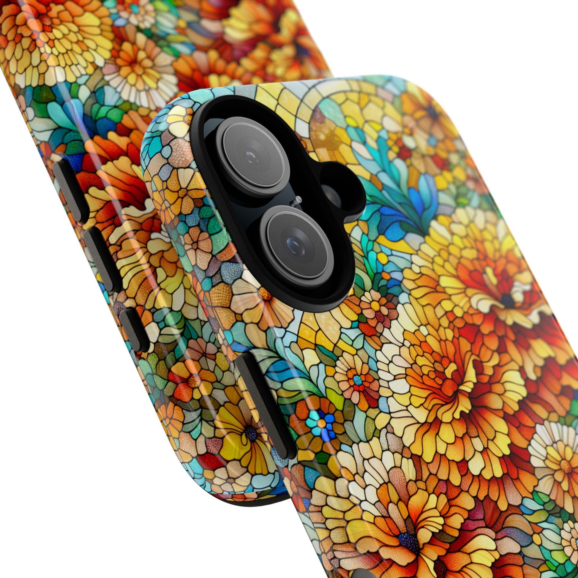 The October Birth Flower Marigold Phone Cover, designed for iPhone and Samsung models, boasts intricate faux stained glass floral patterns in vibrant orange, yellow, and blue hues that beautifully accentuate the camera area.