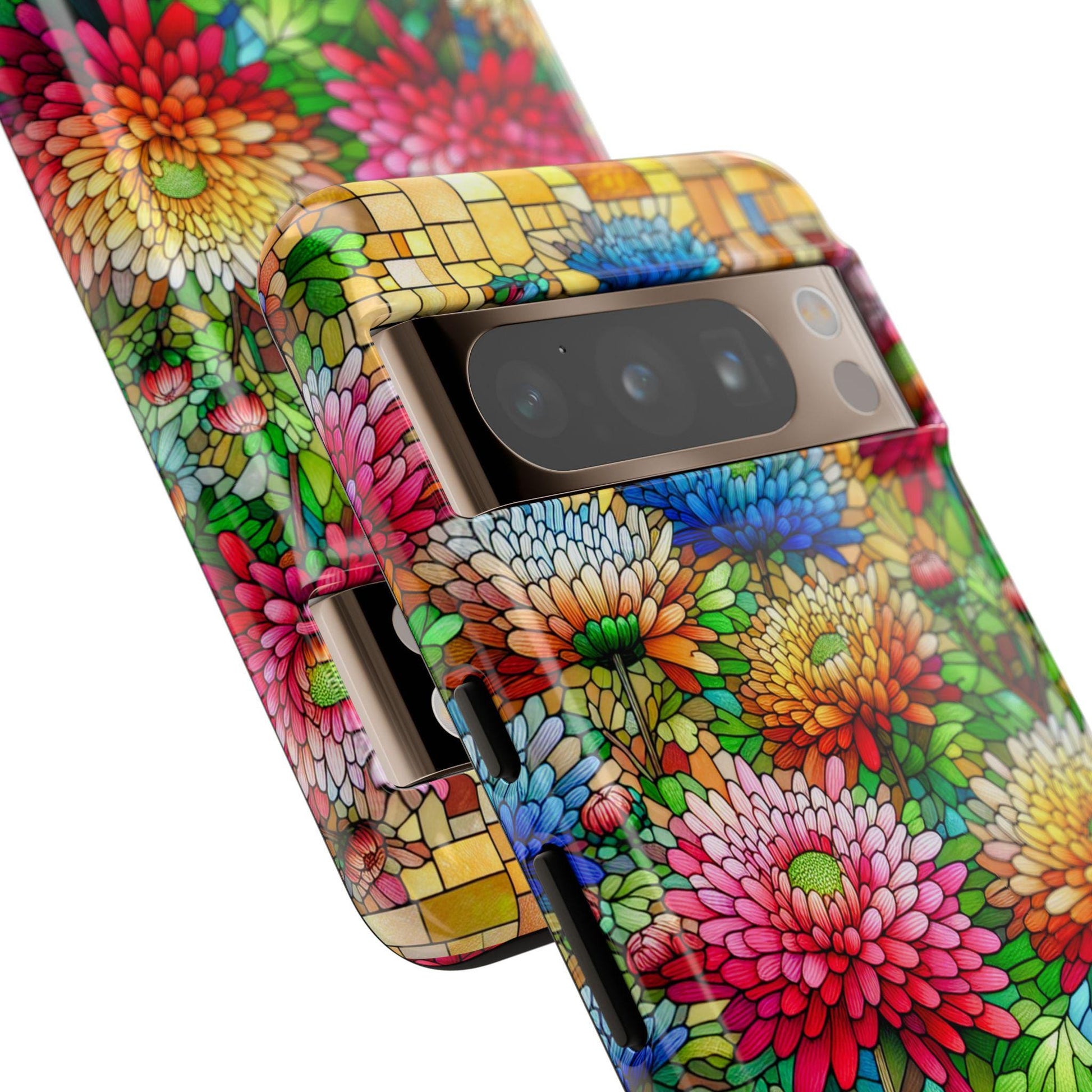 Two phone cases have vibrant, multicolored floral designs with a stained-glass effect, ideal for anyone seeking the November Birth Flower Chrysanthemum Phone Case as a unique birthday or Christmas gift.