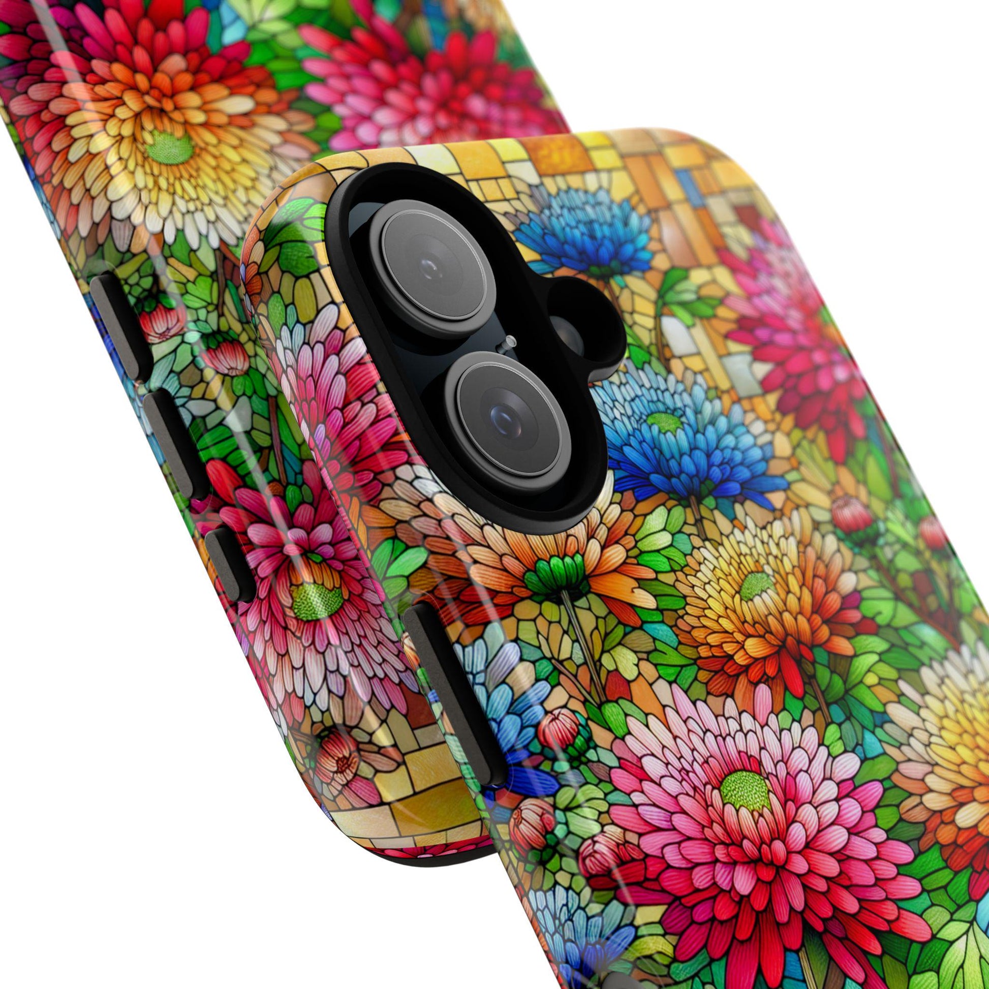 The November Birth Flower Chrysanthemum Phone Case showcases red, blue, pink, and yellow flowers with a mosaic-like stained glass design for iPhone, Samsung, and Pixel models.