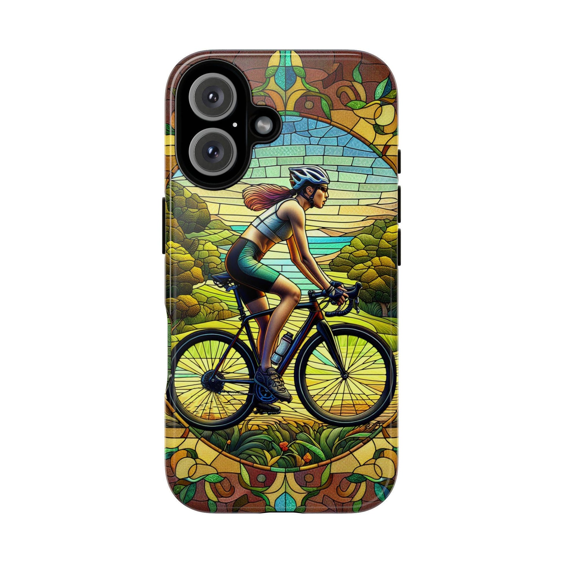 Female Cyclist Cycling Phone Case by Golden Value SG, showcasing a cyclist in motion against a vibrant, nature-inspired faux stained glass backdrop.