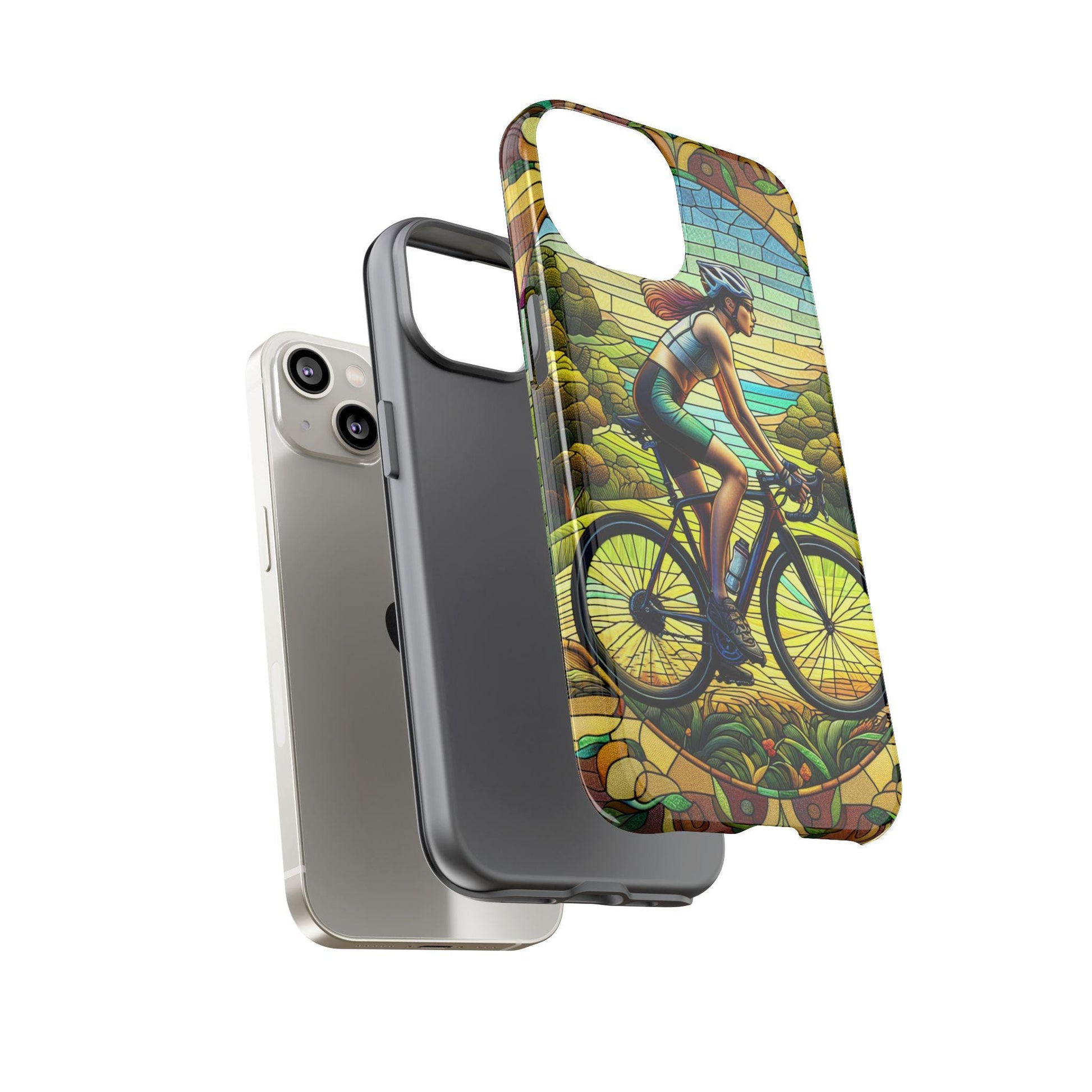 The Female Cyclist Cycling Phone Case features a faux stained glass design with a colorful cyclist on a scenic landscape. It's an ideal birthday or Xmas gift for bicycle lovers and stands out next to the smartphone and plain case with its unique charm. Compatible with iPhone 16-13, Pro, Samsung, Pixel.