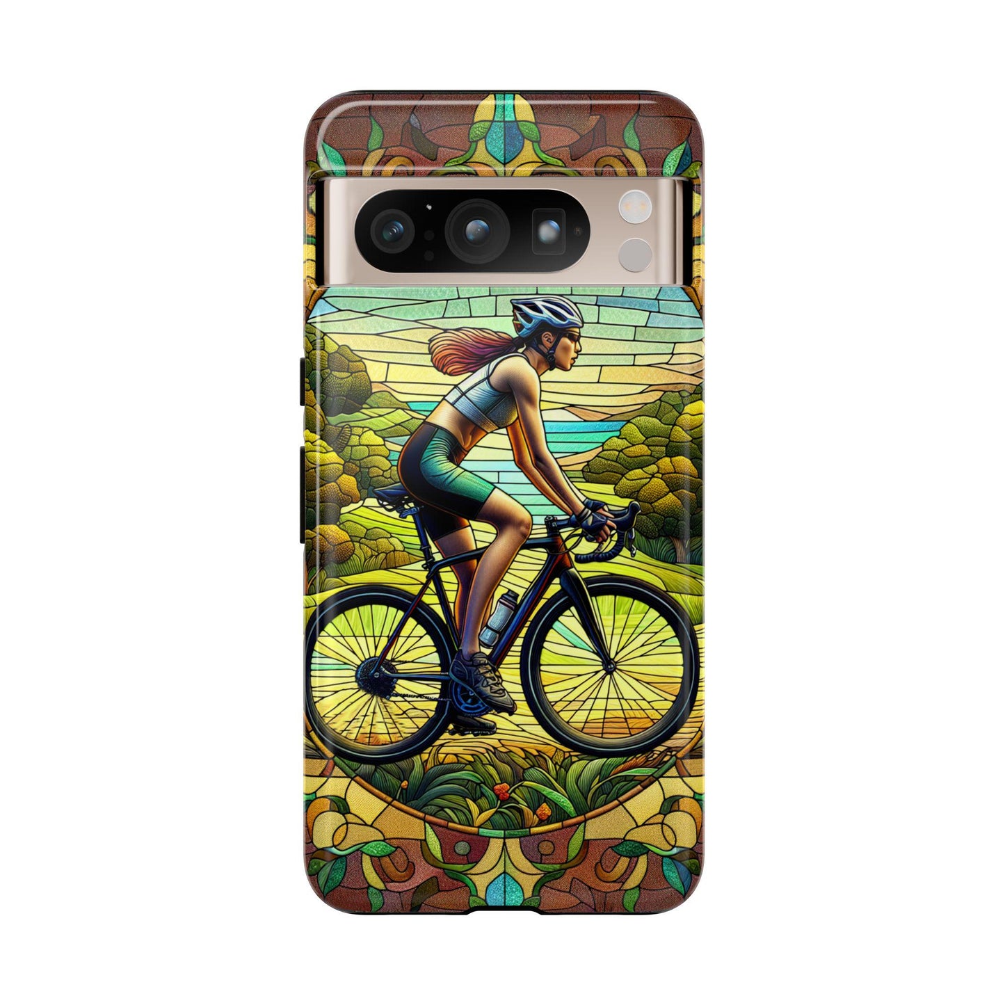 The Female Cyclist Phone Case, with a faux stained glass design, is an ideal gift for bike lovers and fits iPhone 16, 15, 14, 13 Pro, Samsung, and Pixel models.