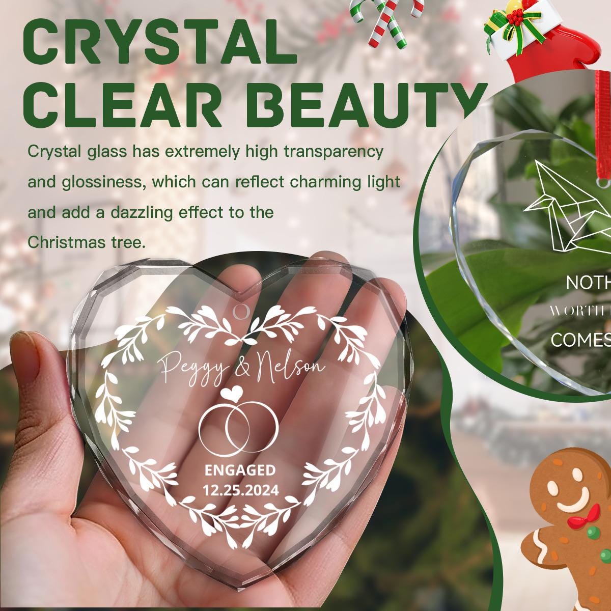 The Personalized Engagement CRYSTAL GLASS Ornament is a heart-shaped piece with a floral design and "Engaged 12.25.2024" featuring interlocked rings, perfect as a custom keepsake gift for newly engaged couples to celebrate love against a festive backdrop.