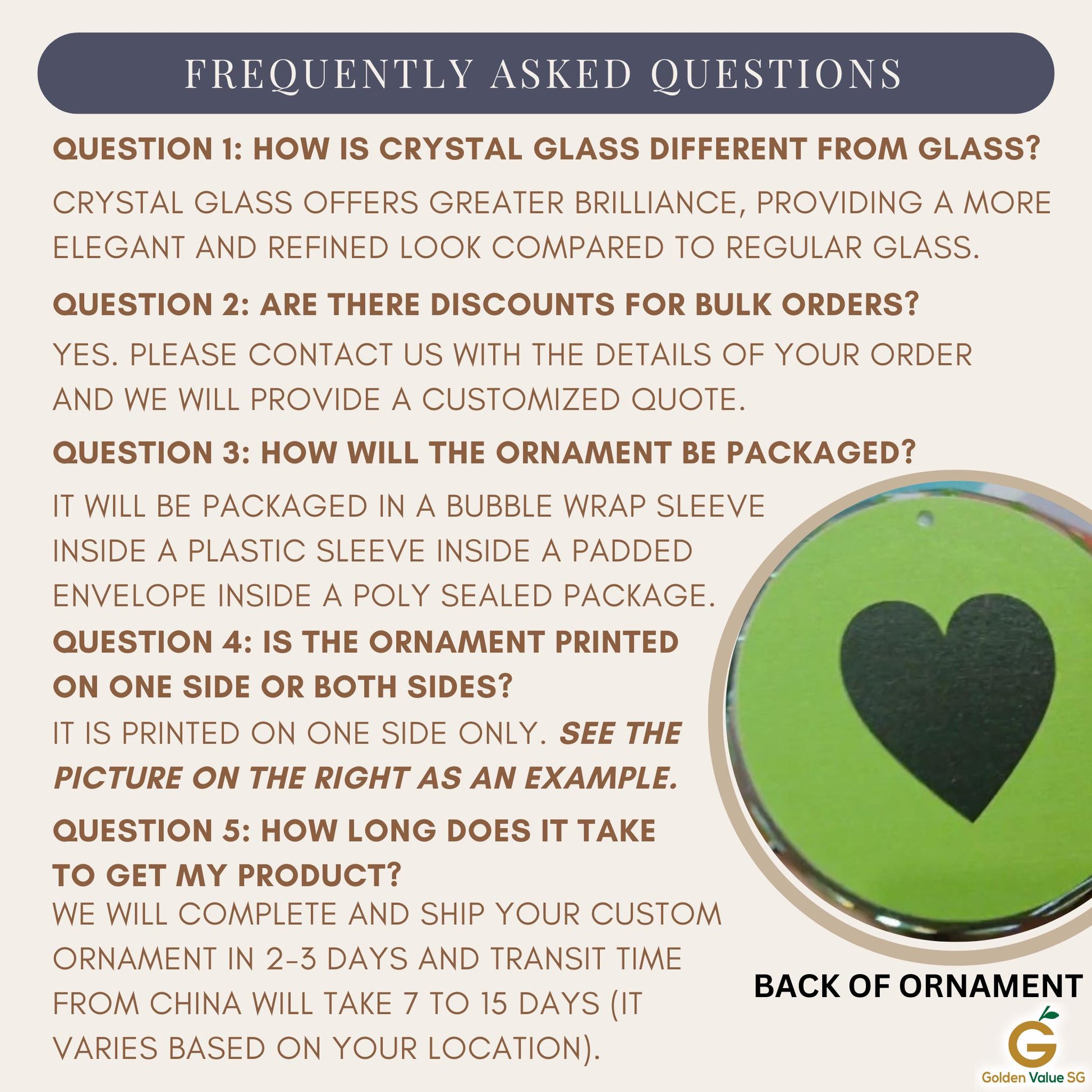 FAQs feature five questions on ordering and customizing crystal glass items, like creating a Personalized Engagement CRYSTAL GLASS Ornament. Includes an image of the circular ornament's back.