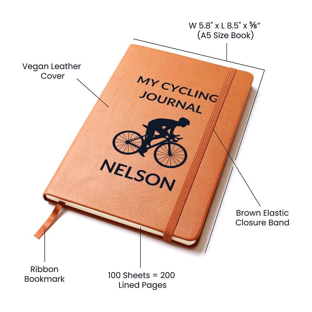 The Personalized Leather Cycling Journal for Men features a custom name, vegan leather cover, brown elastic band, and ribbon bookmark. It's the perfect gift for bike lovers and cyclists with 100 sheets of lined pages to document every ride.