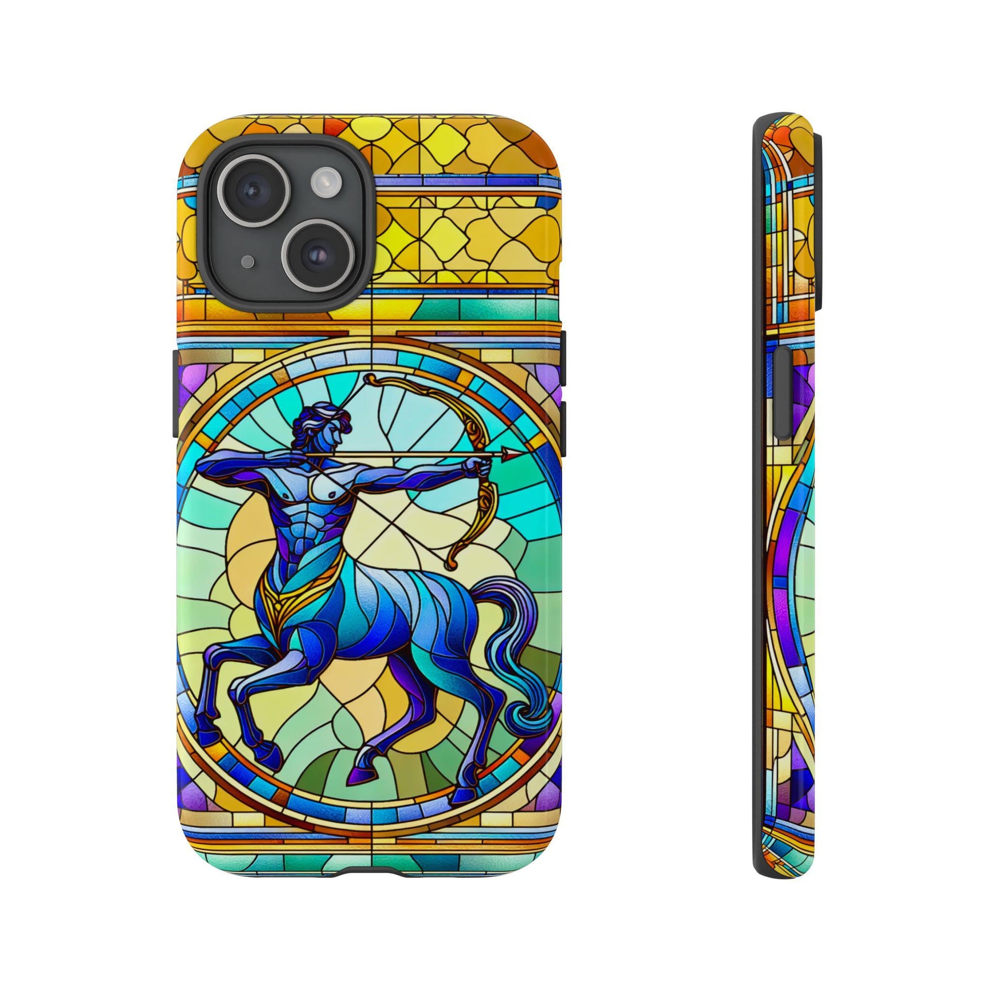 The Zodiac Sagittarius Mosaic Faux Stained Glass Phone Case features a centaur with a bow and arrow in vibrant blues, greens, and yellows. Available for iPhone, Samsung Galaxy & Pixel, it's the perfect astrology gift for celestial art lovers.
