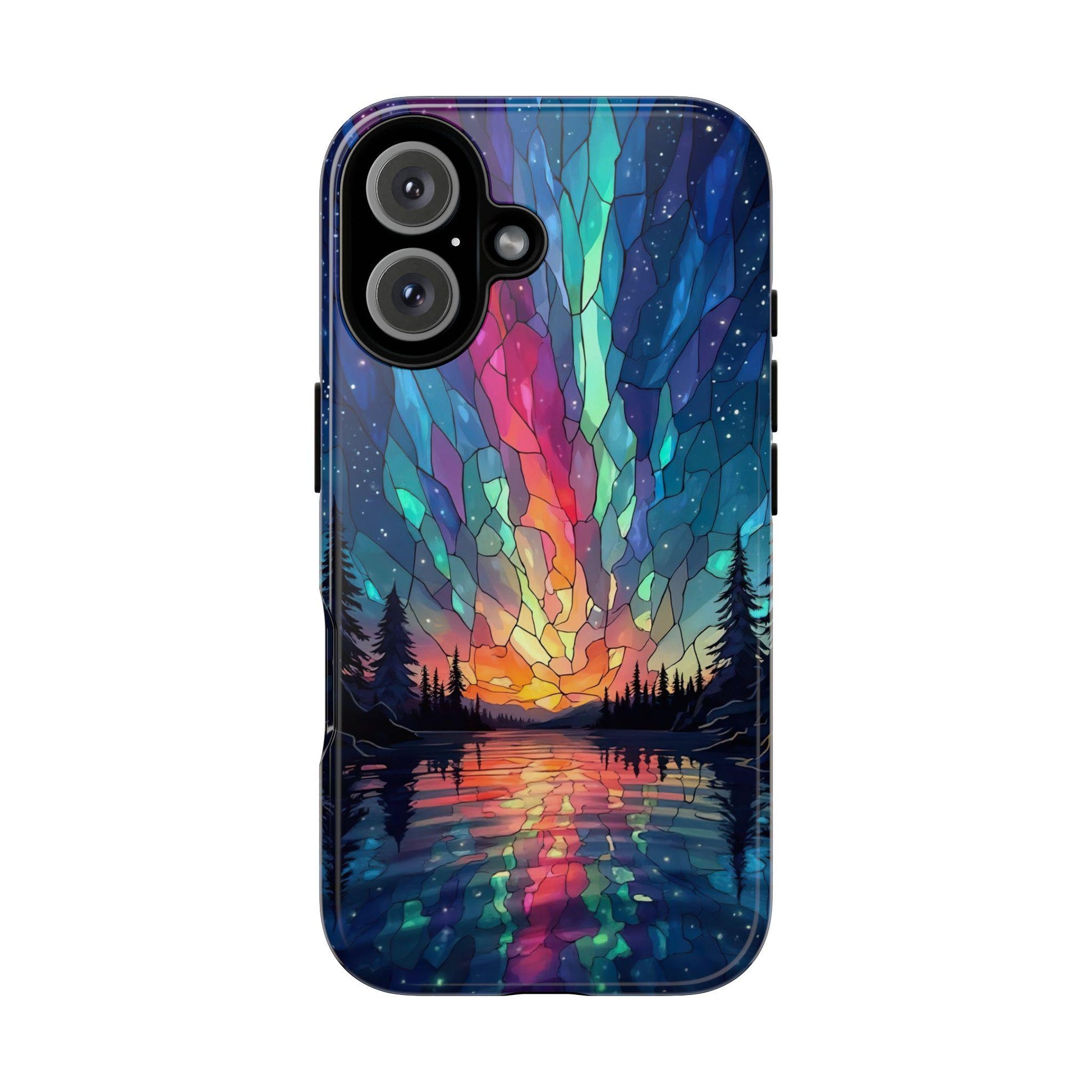 Golden Value SG offers the Aurora Inspired Design Stained Glass Phone Case, featuring a colorful abstract landscape with an aurora lit sky and lake reflection.