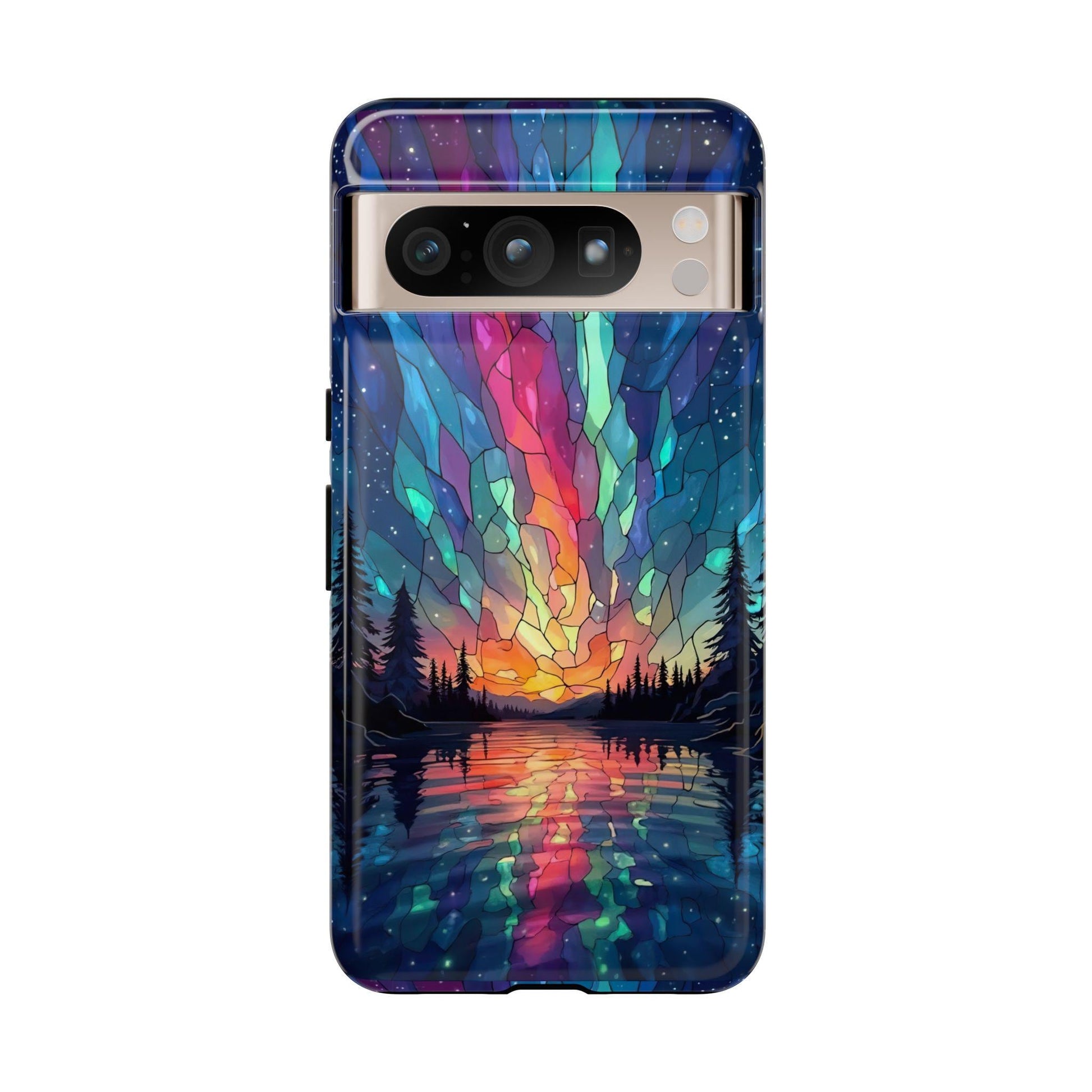 Smartphone with an Aurora Inspired Design Stained Glass Phone Case, featuring a colorful abstract sunset landscape over water and trees, enhanced by an enchanting sky, perfect for iPhone 15 14 13 12 Pro Samsung Pixel.