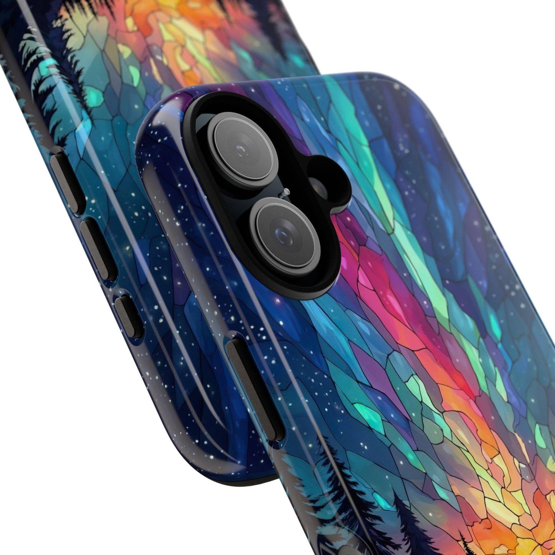 Two smartphones feature Aurora Inspired Design Stained Glass Phone Cases, with vibrant Northern Lights art and abstract patterns of trees and stars, capturing an aurora feel.