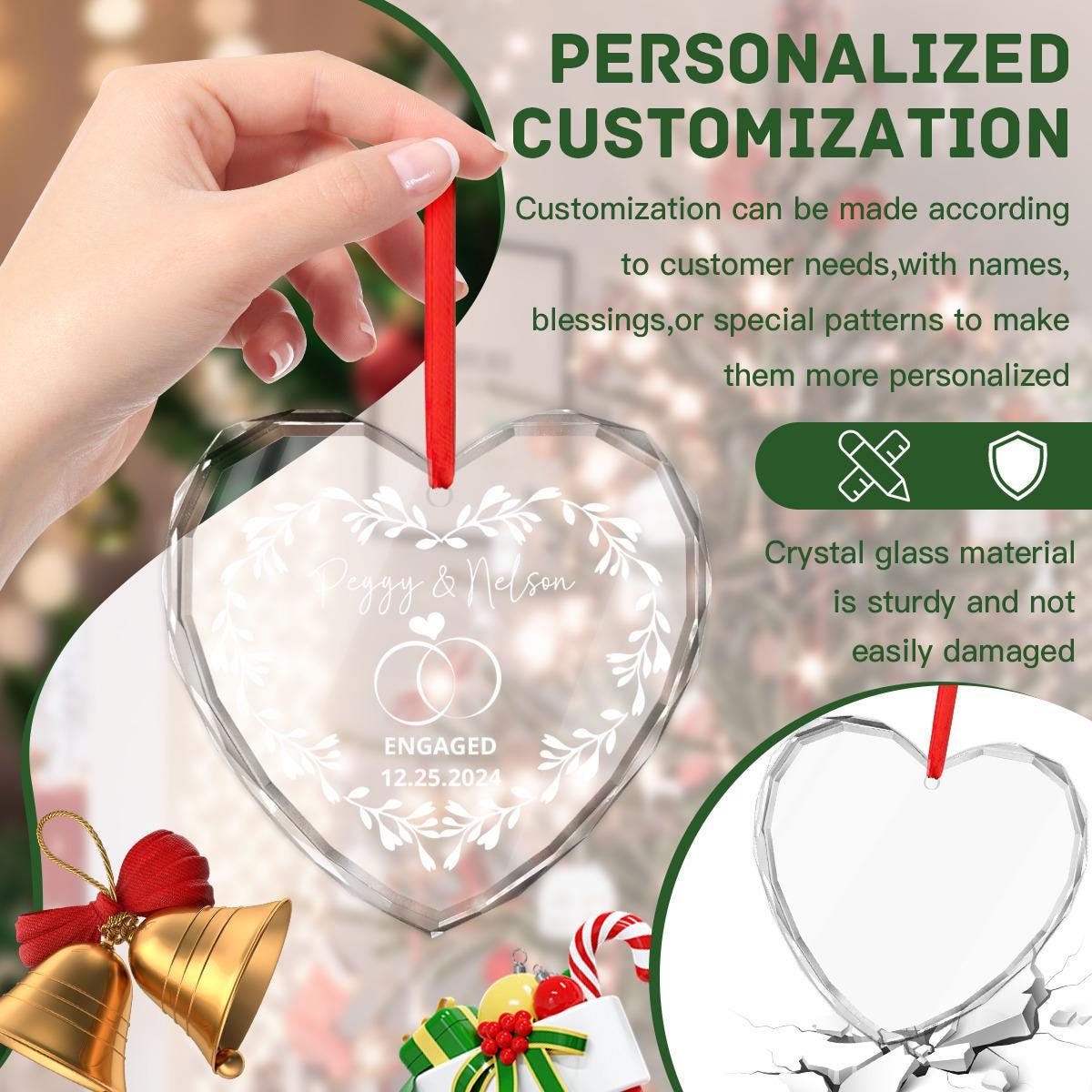 Personalized engagement crystal glass ornament with custom text and red ribbon, designed as a keepsake for newly engaged couples. Beautifully decorated against a holiday-themed backdrop, gently held in hand.