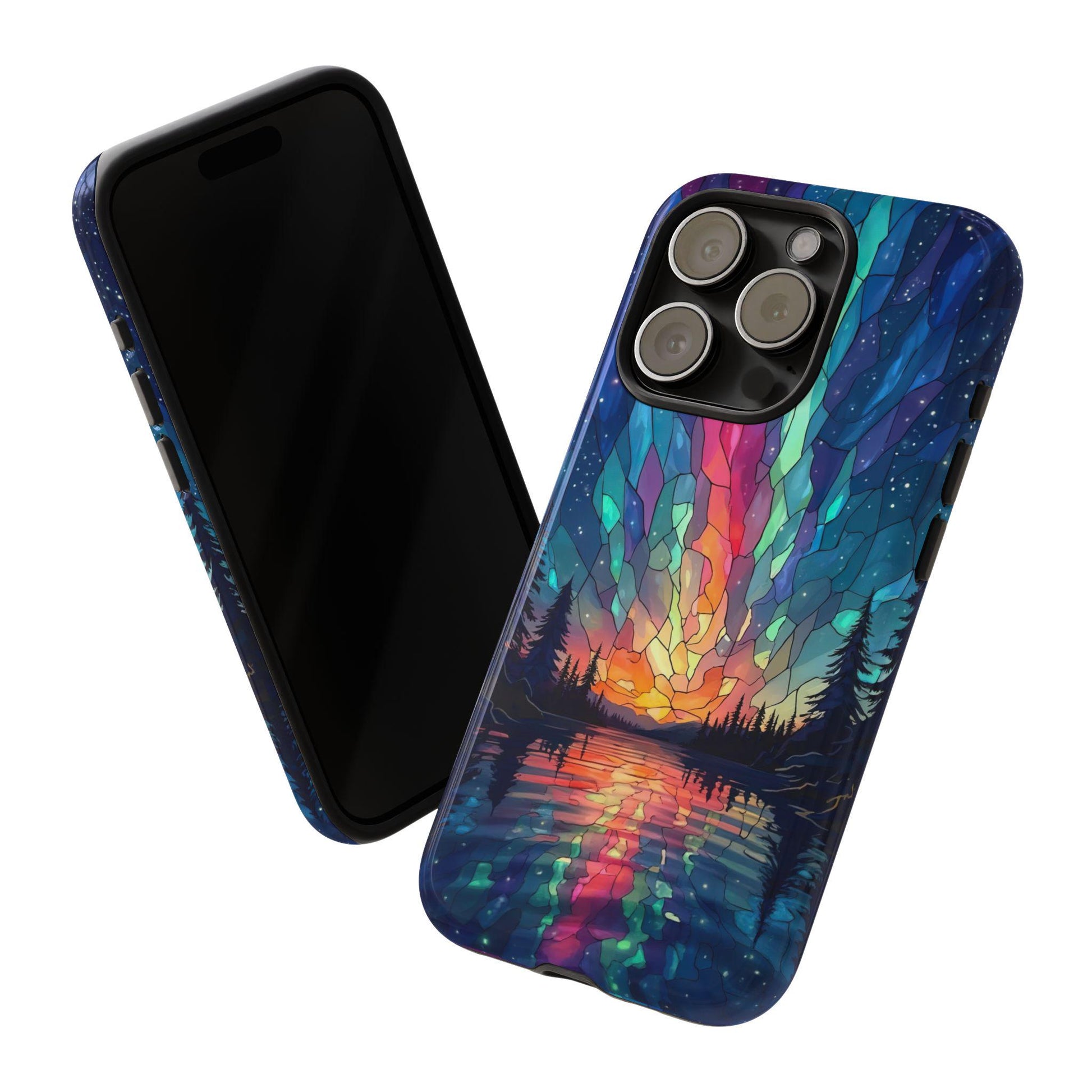 Two smartphone cases feature the Aurora Inspired Design, showcasing a stained glass effect that captures the enchanting colors of northern lights over a forest and water. This phone cover is perfect for iPhone 15, 14, 13, 12 Pro, Samsung, and Pixel users who love auroras.