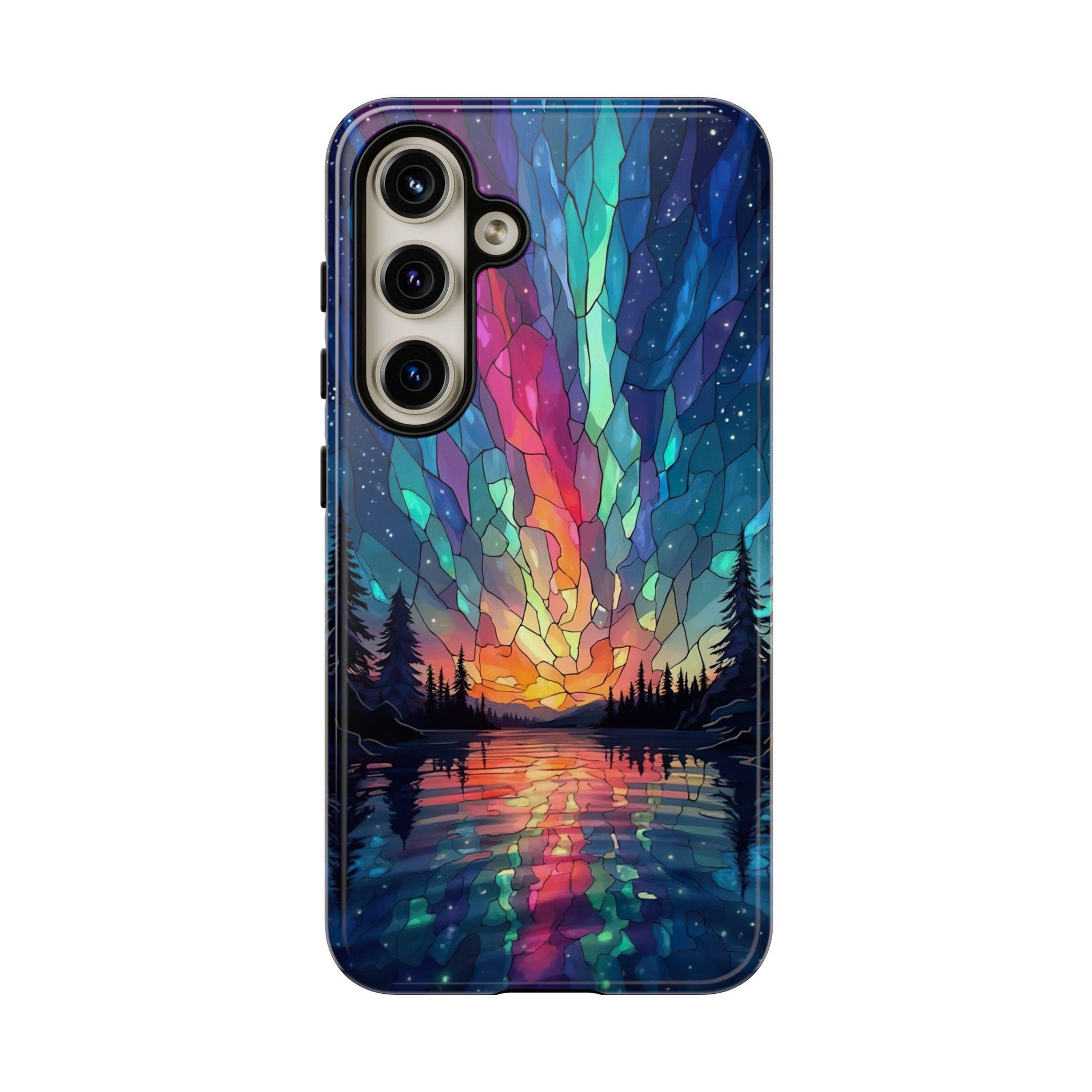 Aurora Inspired Design Stained Glass Phone Case with a colorful abstract design mimicking Northern Lights, available for iPhone 15 14 13 12 Pro, Samsung, and Pixel. Perfect for aurora lovers.