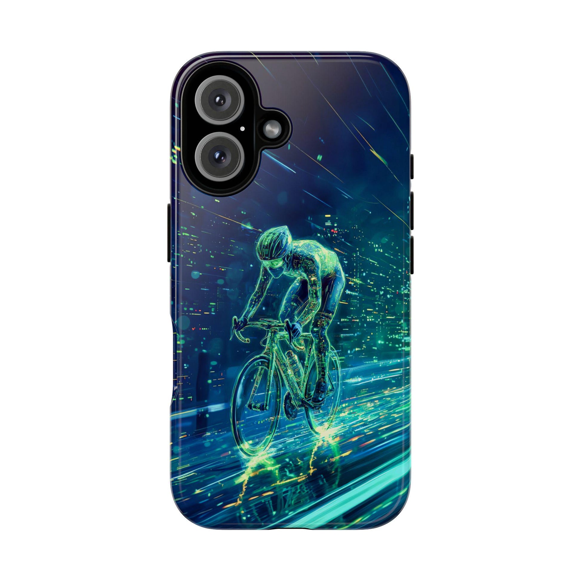 Golden Value SG Cycling Phone Case featuring a cyclist speeding through neon streaks of blue and green in a dark, futuristic setting, clad in shimmering gear.
